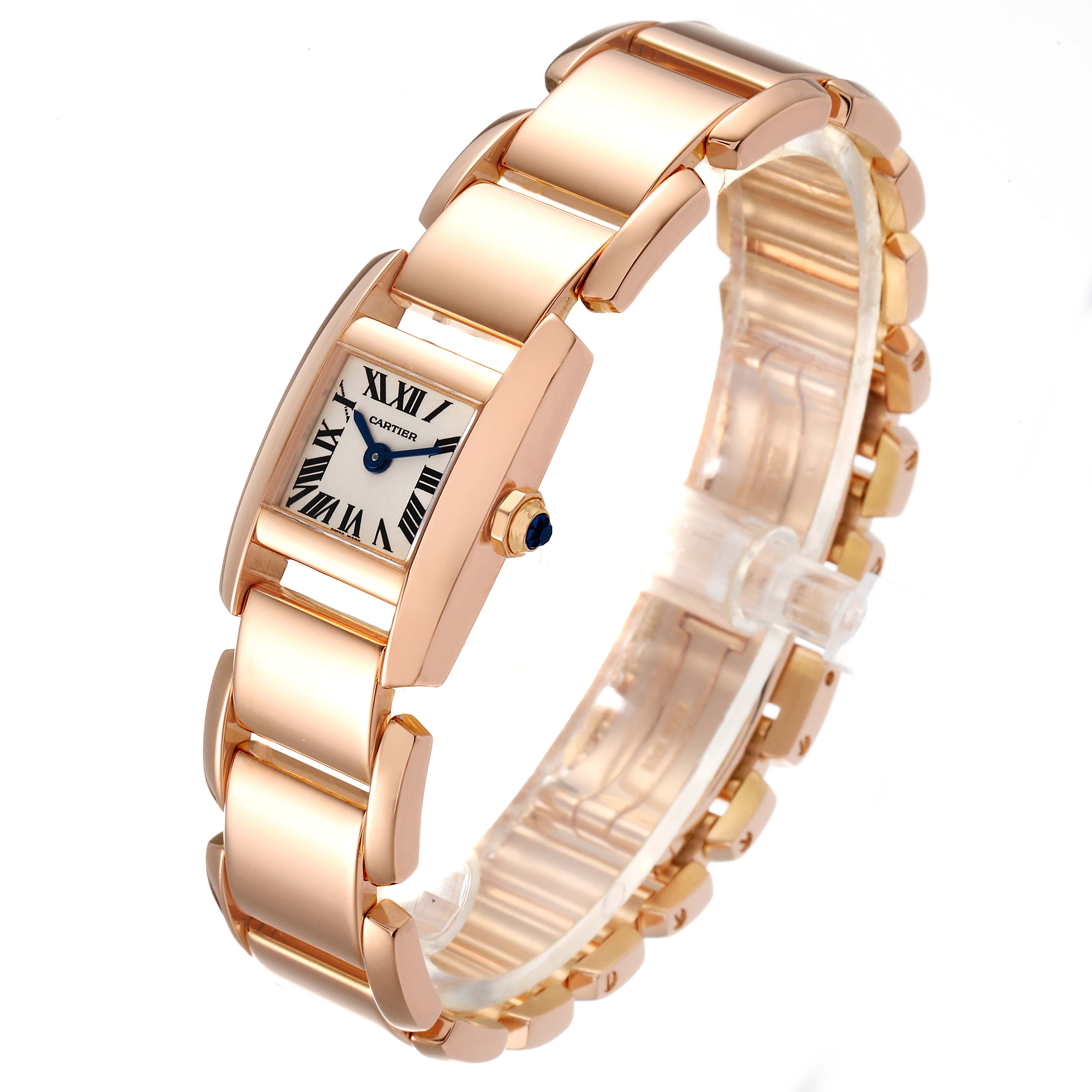 The Cartier Tankissime W650018H Women's Rose Gold Silver Dial W650018H Women's Rose Gold Silver Dial watch is shown at a three-quarter angle, highlighting its rectangular face and rose gold bracelet.