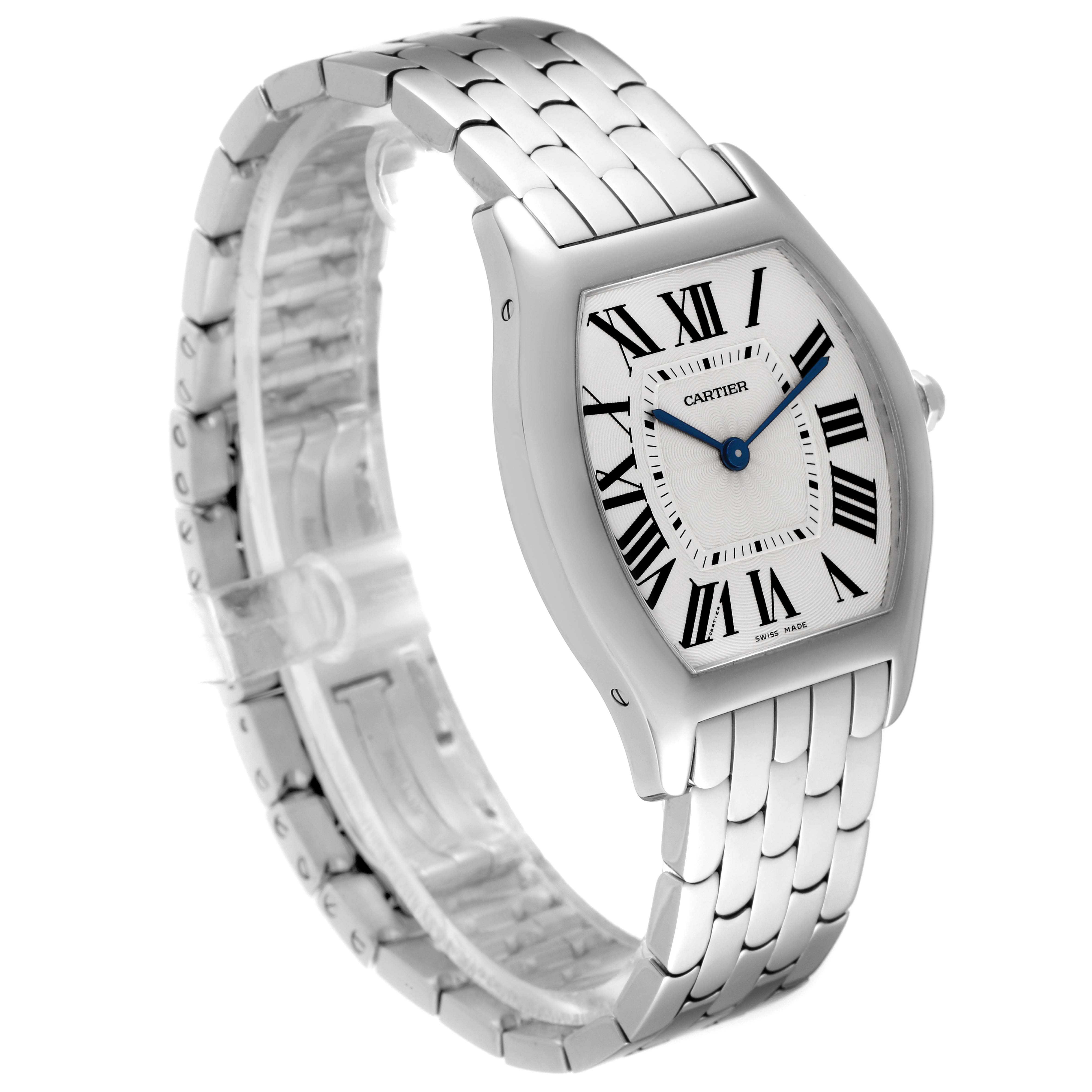 The image shows a Cartier Tortue 3701 Women's White Gold Silver Dial 3701 Women's White Gold Silver Dial model watch at a three-quarter angle, displaying the face, bezel, and bracelet.