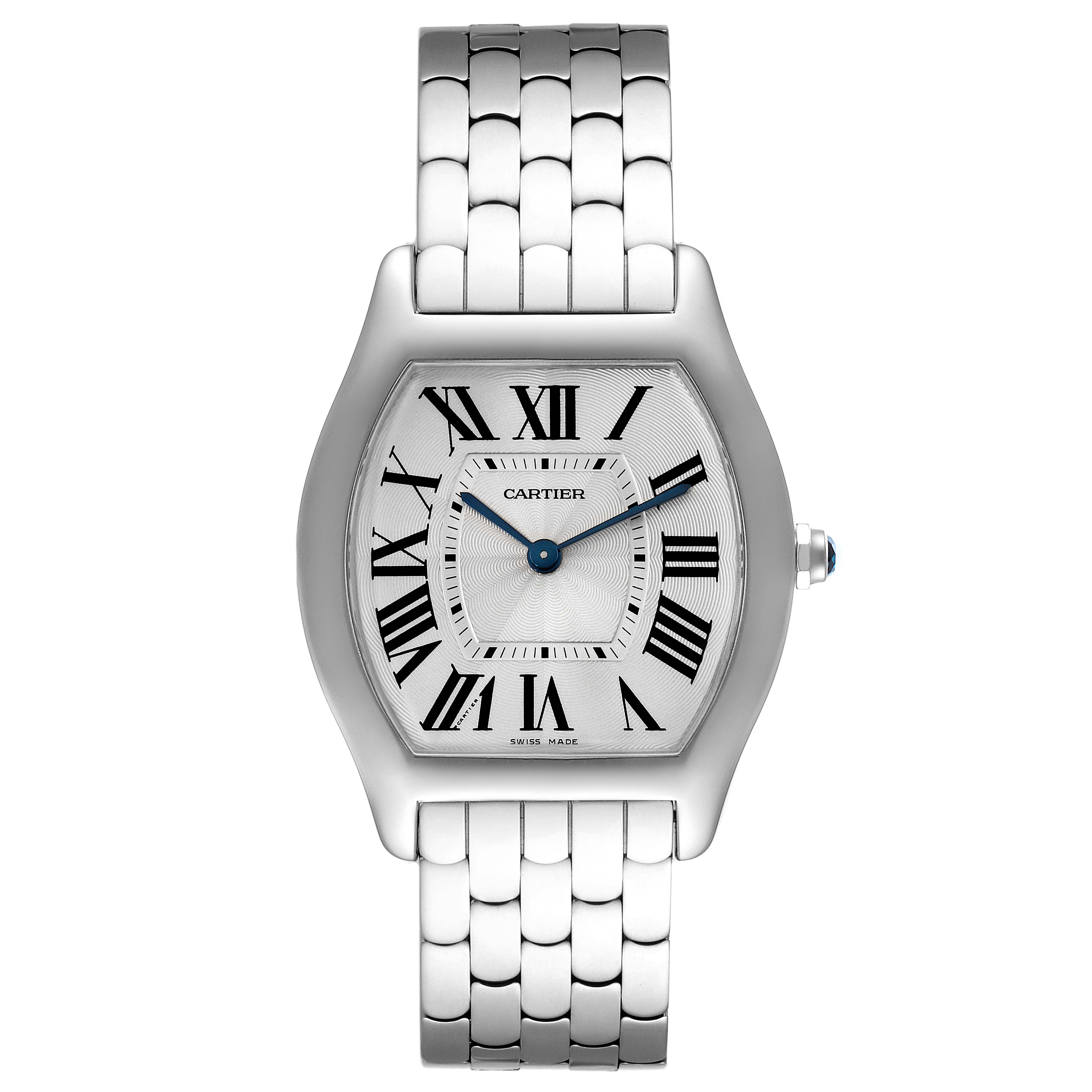 The image shows a front view of a Cartier Tortue 3701 Women's White Gold Silver Dial 3701 Women's White Gold Silver Dial watch, displaying its face, bezel, and part of the metal bracelet.