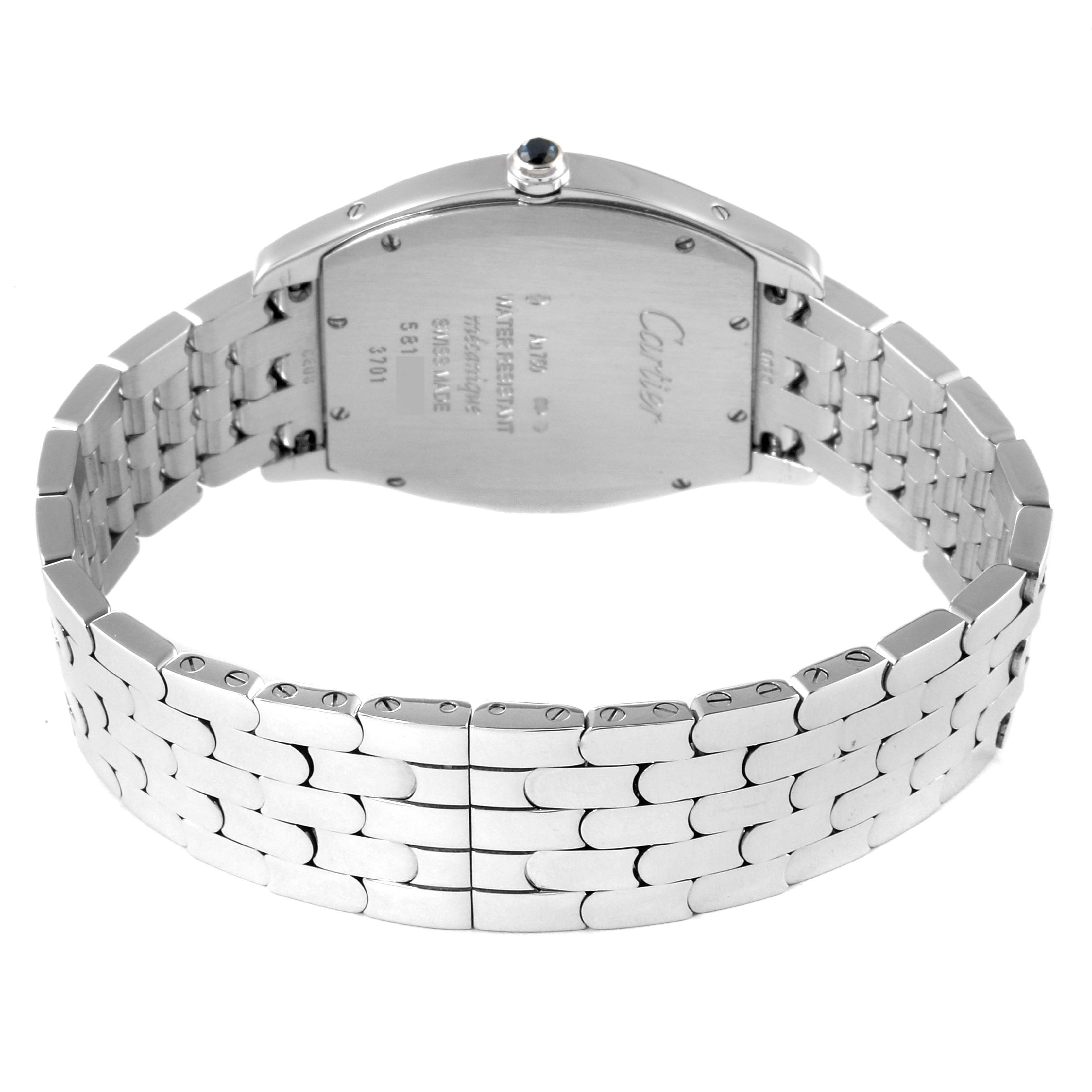The image shows the back side and bracelet of a Cartier Tortue 3701 Women's White Gold Silver Dial 3701 Women's White Gold Silver Dial watch, viewed from the rear with focus on the case back and metal strap.
