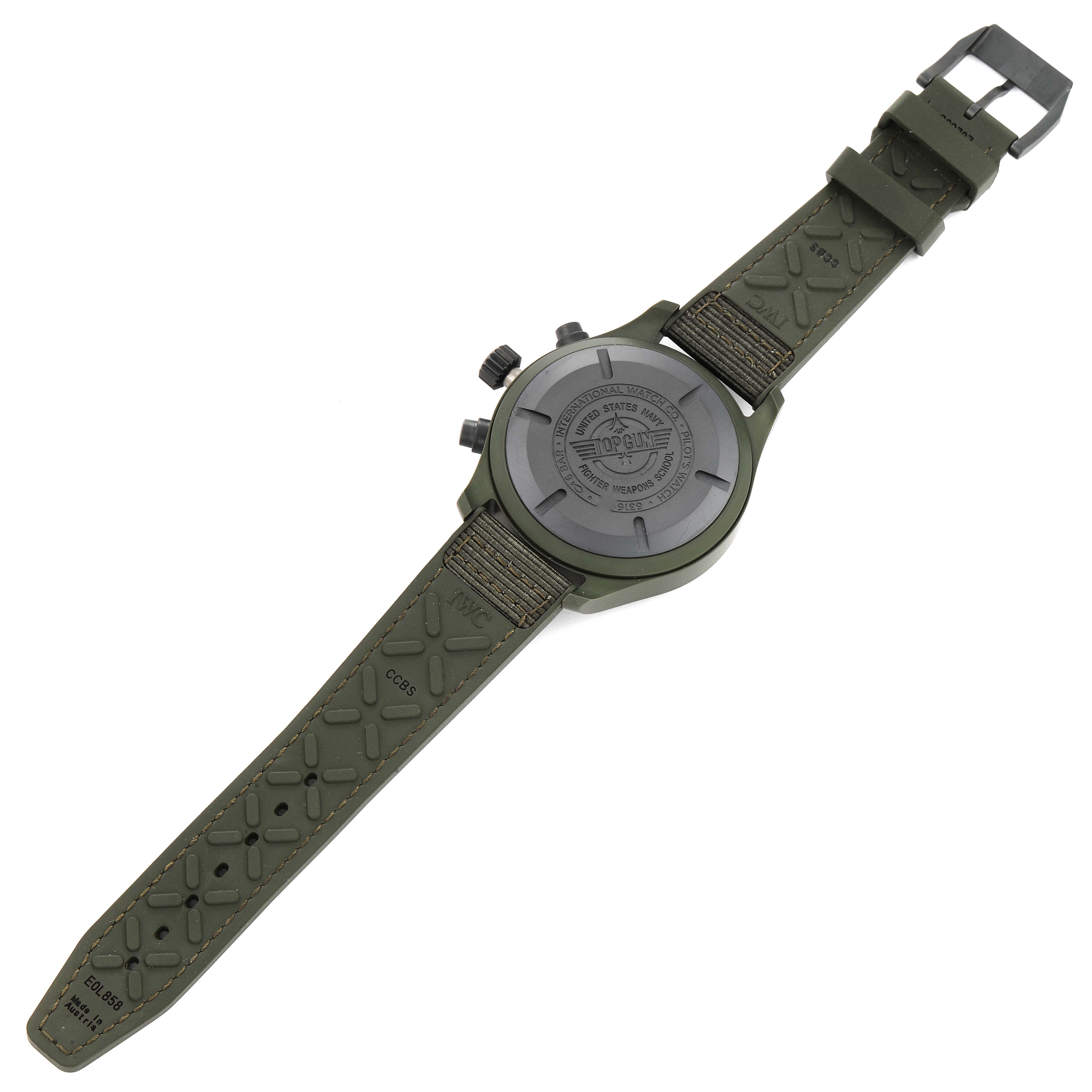 The image shows the back side and strap of an IWC Pilot IW389106 Men's Ceramic Green Dial IW389106 Men's Ceramic Green Dial model watch, featuring a green strap and case back with branding.