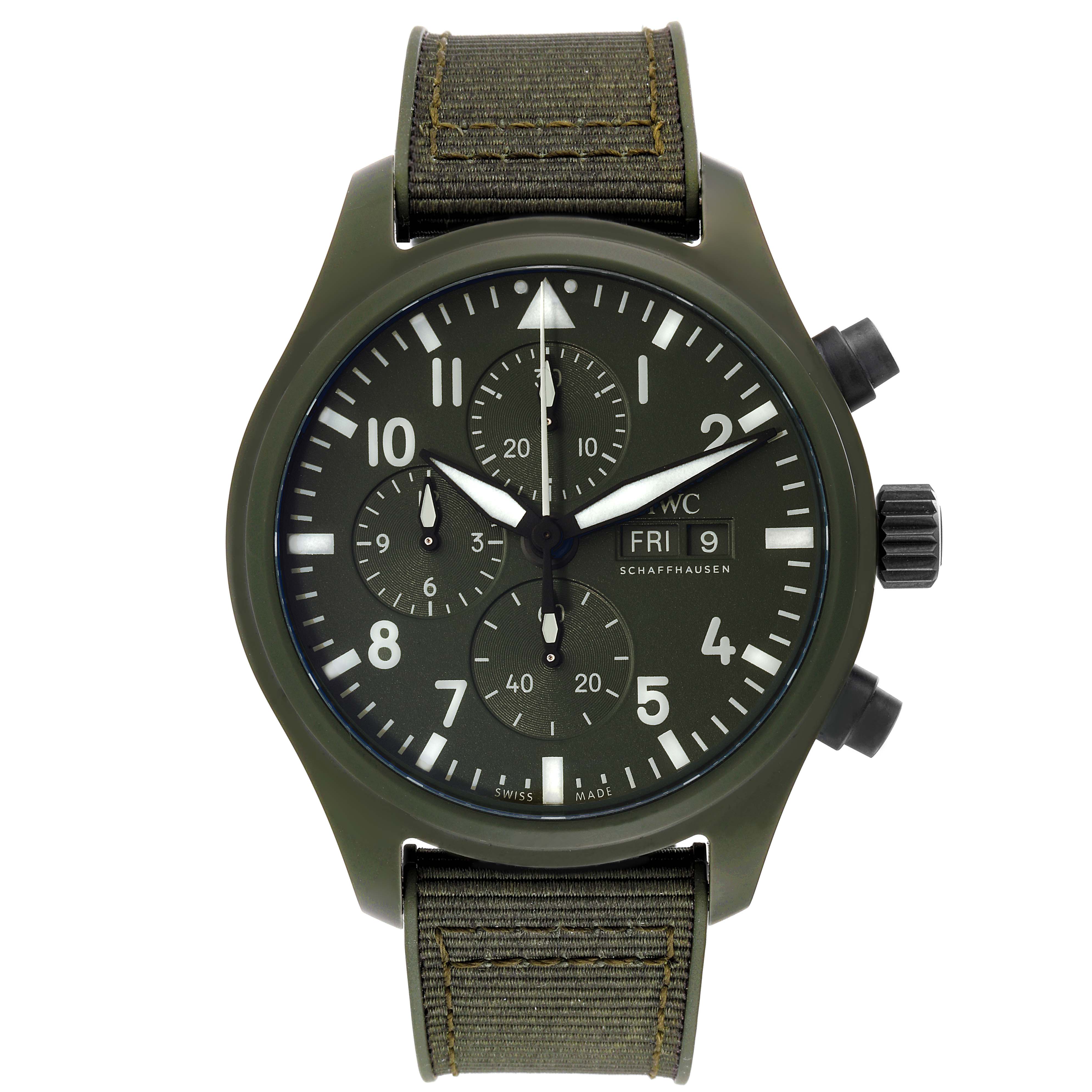 The image shows a front view of an IWC Pilot IW389106 Men's Ceramic Green Dial IW389106 Men's Ceramic Green Dial model watch with a green strap and three chronograph subdials.