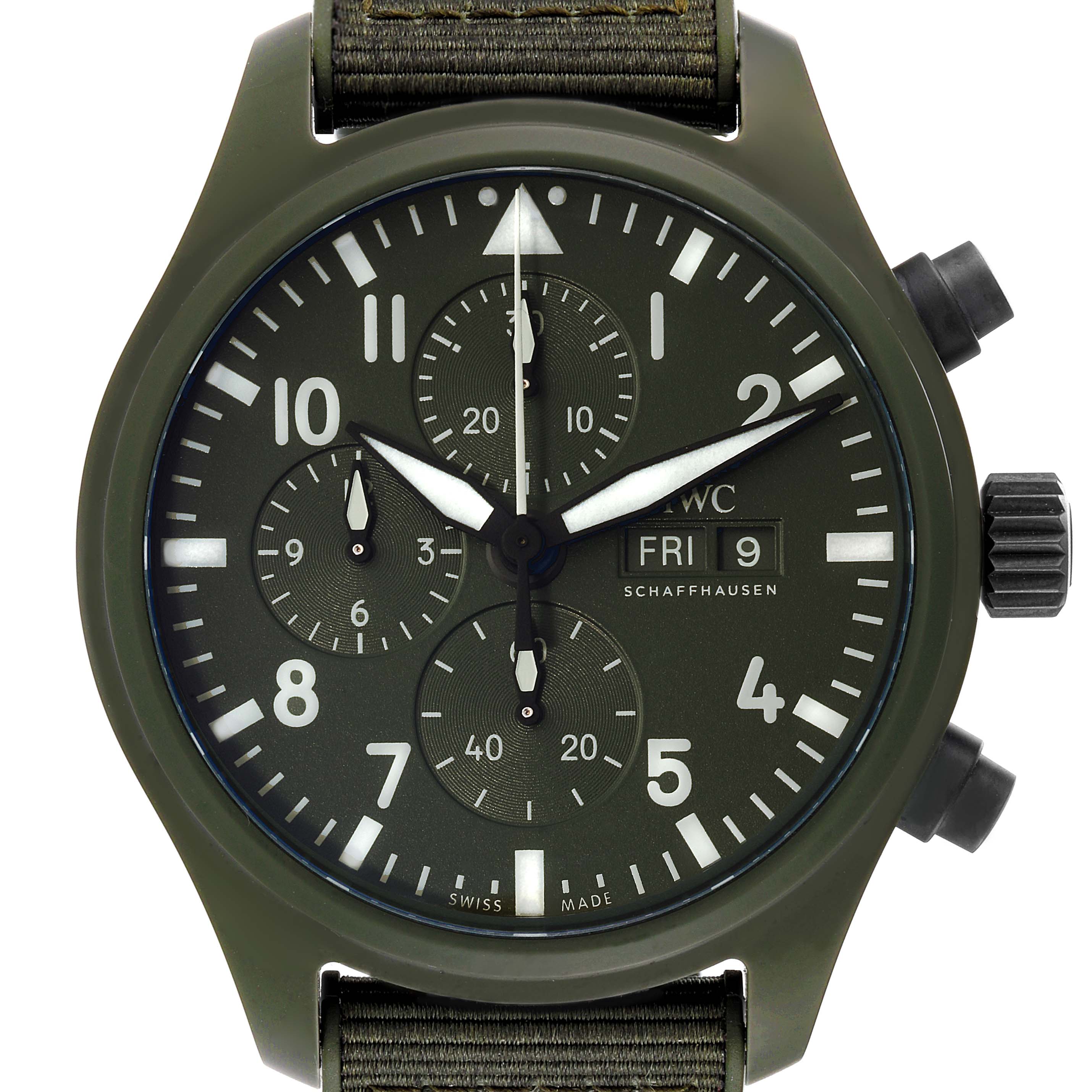 The image is a close-up, front-view of the IWC Pilot IW389106 Men's Ceramic Green Dial IW389106 Men's Ceramic Green Dial model watch, showing the dial, subdials, crown, and pushers.