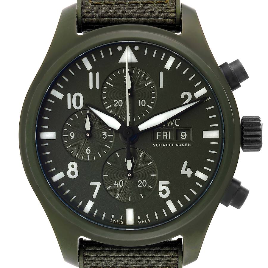 IWC Pilot Top Gun Chronograph Green Ceramic Dial Mens Watch IW389106 Unworn SwissWatchExpo