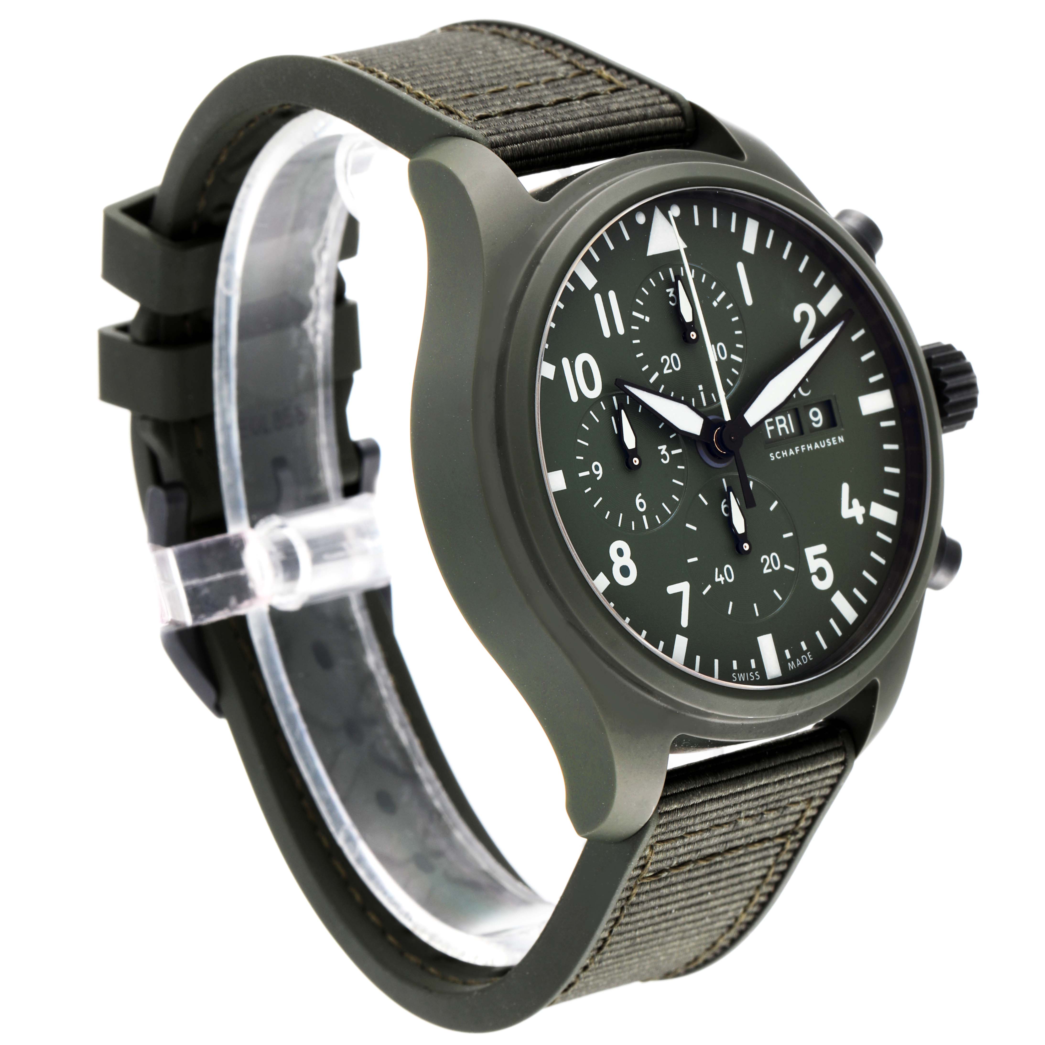 The image shows a side-angle view of an IWC Pilot IW389106 Men's Ceramic Green Dial IW389106 Men's Ceramic Green Dial watch, displaying its face, strap, and bezel.