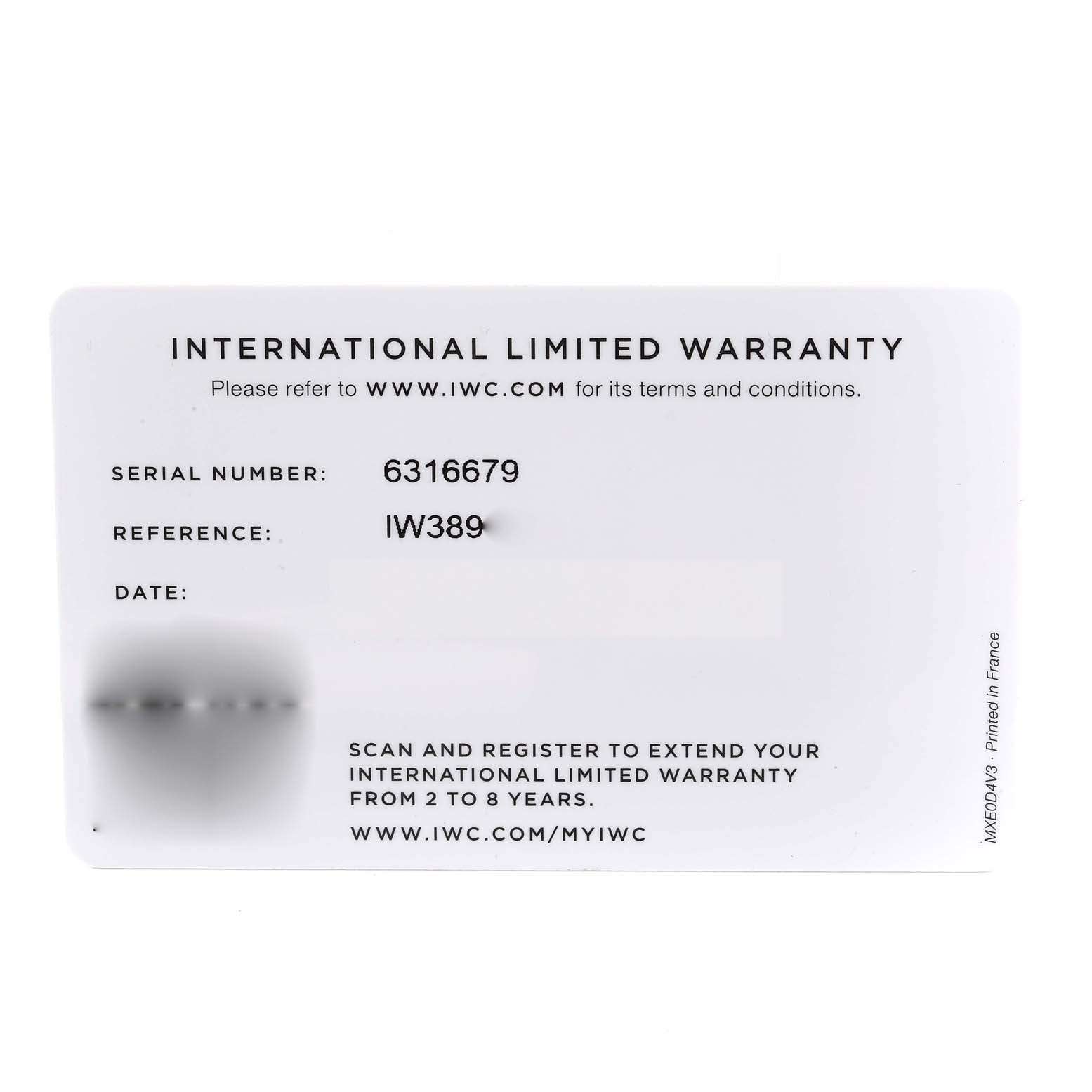 The image shows the front view of an International Limited Warranty card for the IWC Pilot IW389106 Men's Ceramic Green Dial IW389106 Men's Ceramic Green Dial model watch.