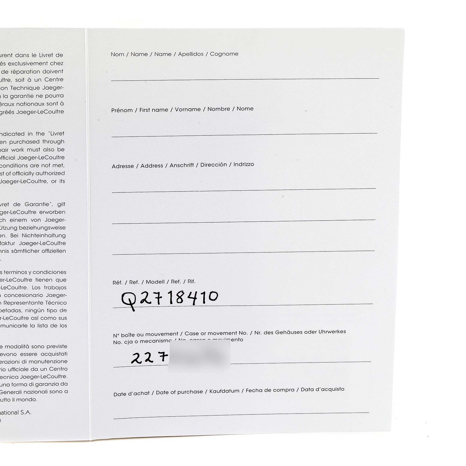 This image shows the warranty card for a Jaeger LeCoultre Reverso Q2718410 Men's Stainless Steel Silver Dial Q2718410 Men's Stainless Steel Silver Dial watch, displaying model and movement information.