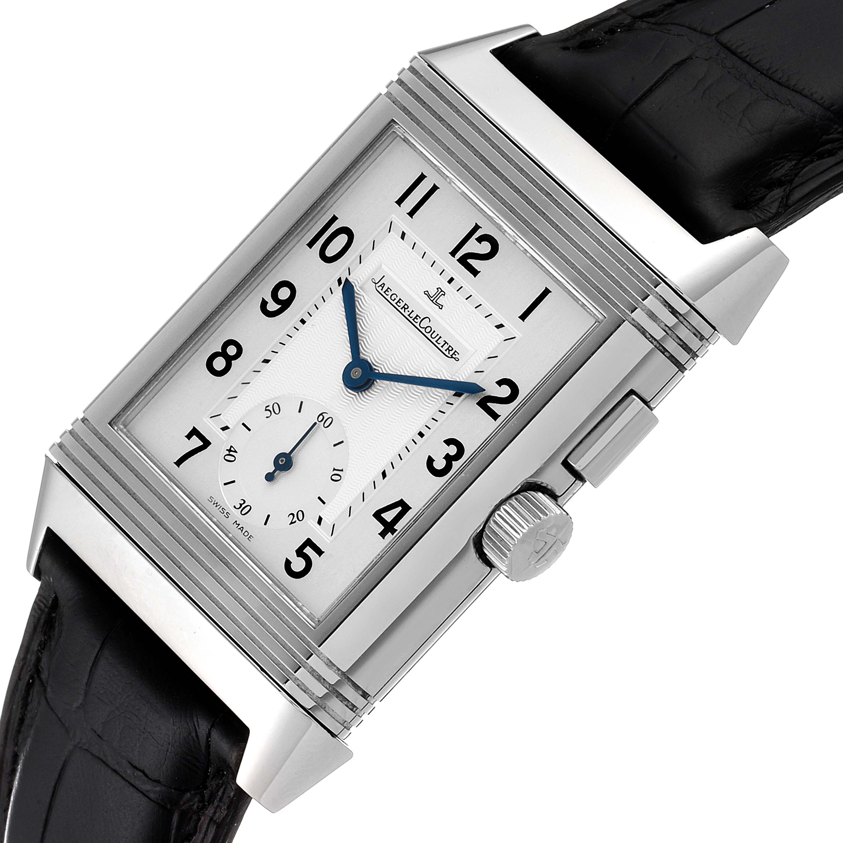 This image shows a close-up angle of a Jaeger LeCoultre Reverso Q2718410 Men's Stainless Steel Silver Dial Q2718410 Men's Stainless Steel Silver Dial watch, highlighting its rectangular case, dial, crown, and leather strap.