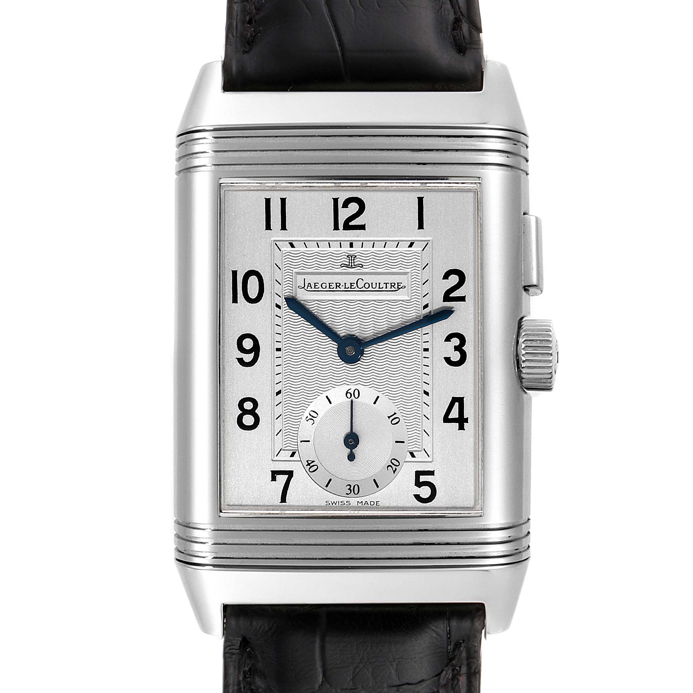 This image shows a front view of the Reverso model by Jaeger-LeCoultre, featuring its dial, crown, and leather strap.