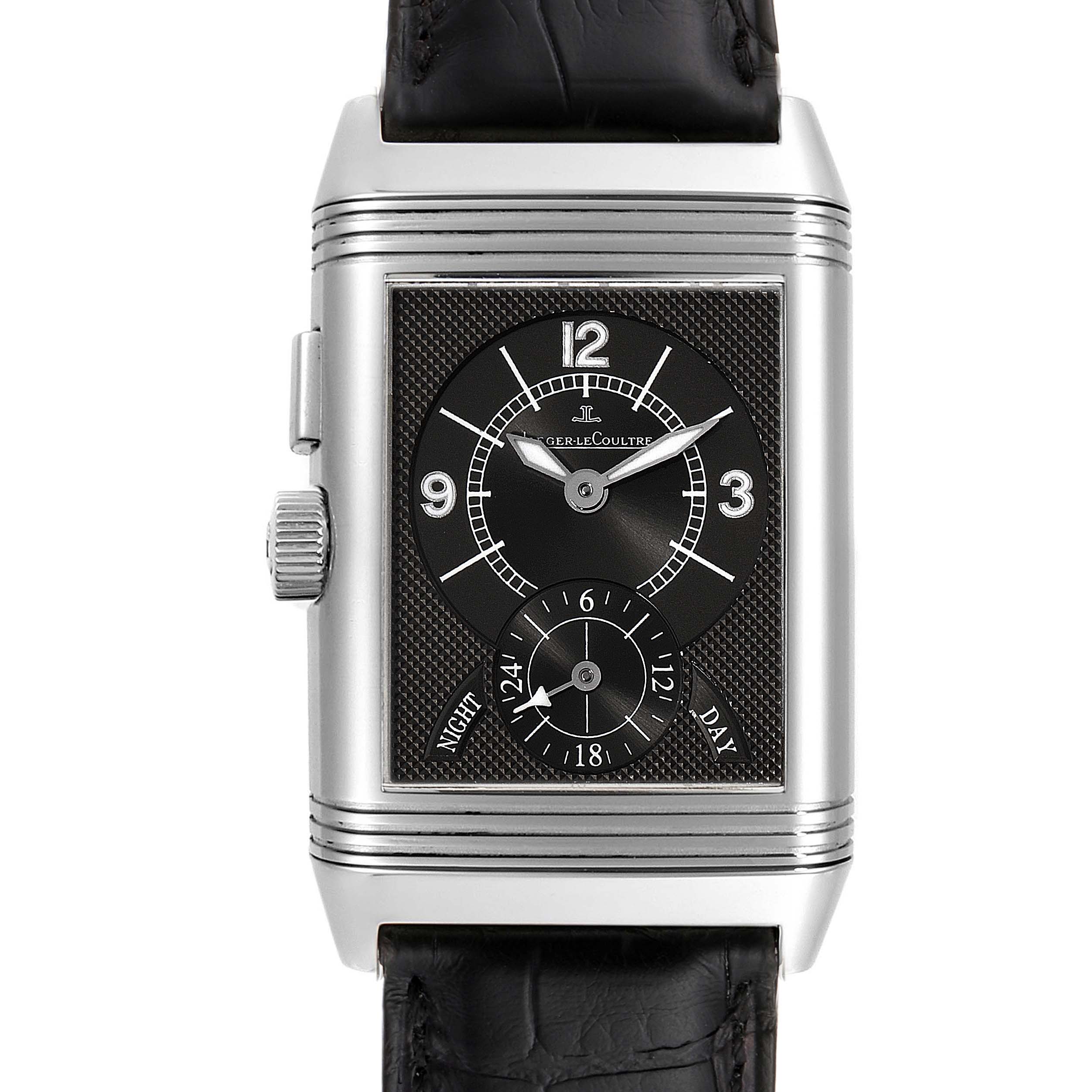 This image shows a front view of the Jaeger LeCoultre Reverso Q2718410 Men's Stainless Steel Silver Dial Q2718410 Men's Stainless Steel Silver Dial watch, highlighting the dial and strap.