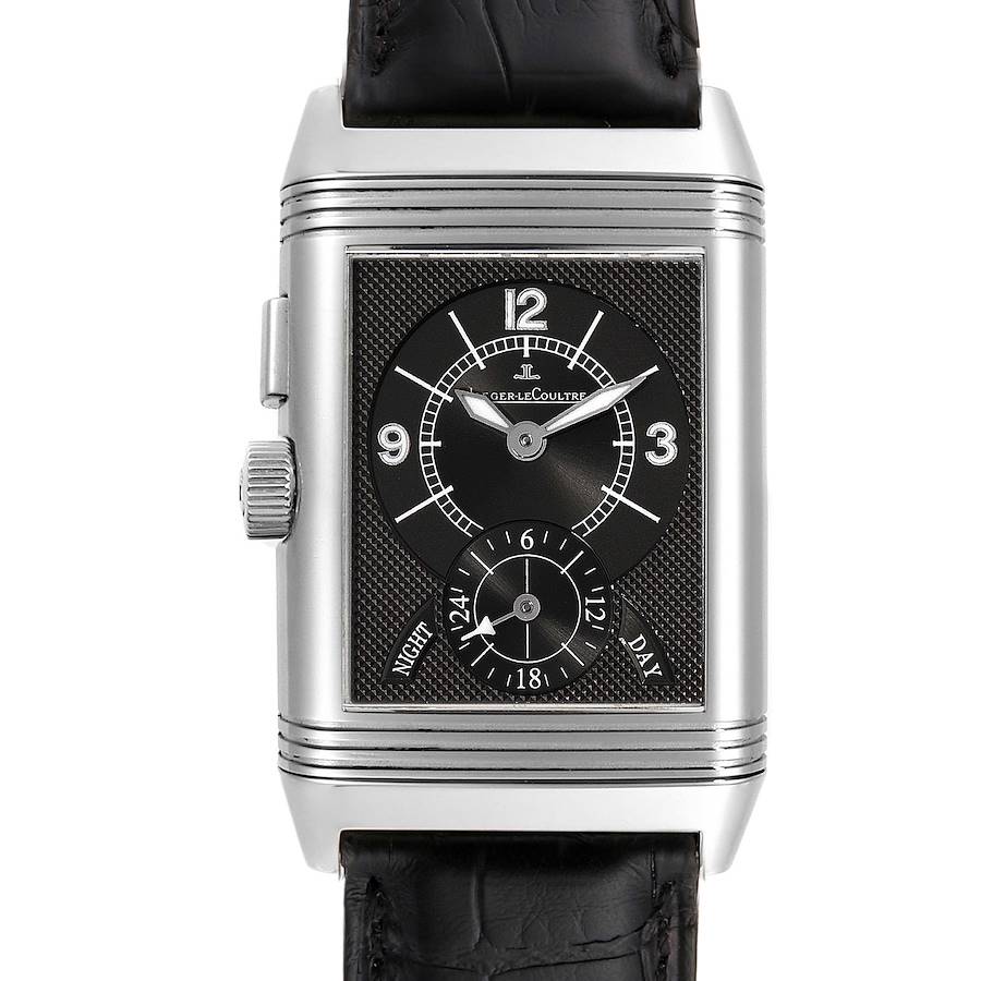 This image shows a front view of the Jaeger LeCoultre Reverso watch, highlighting the dial and strap.