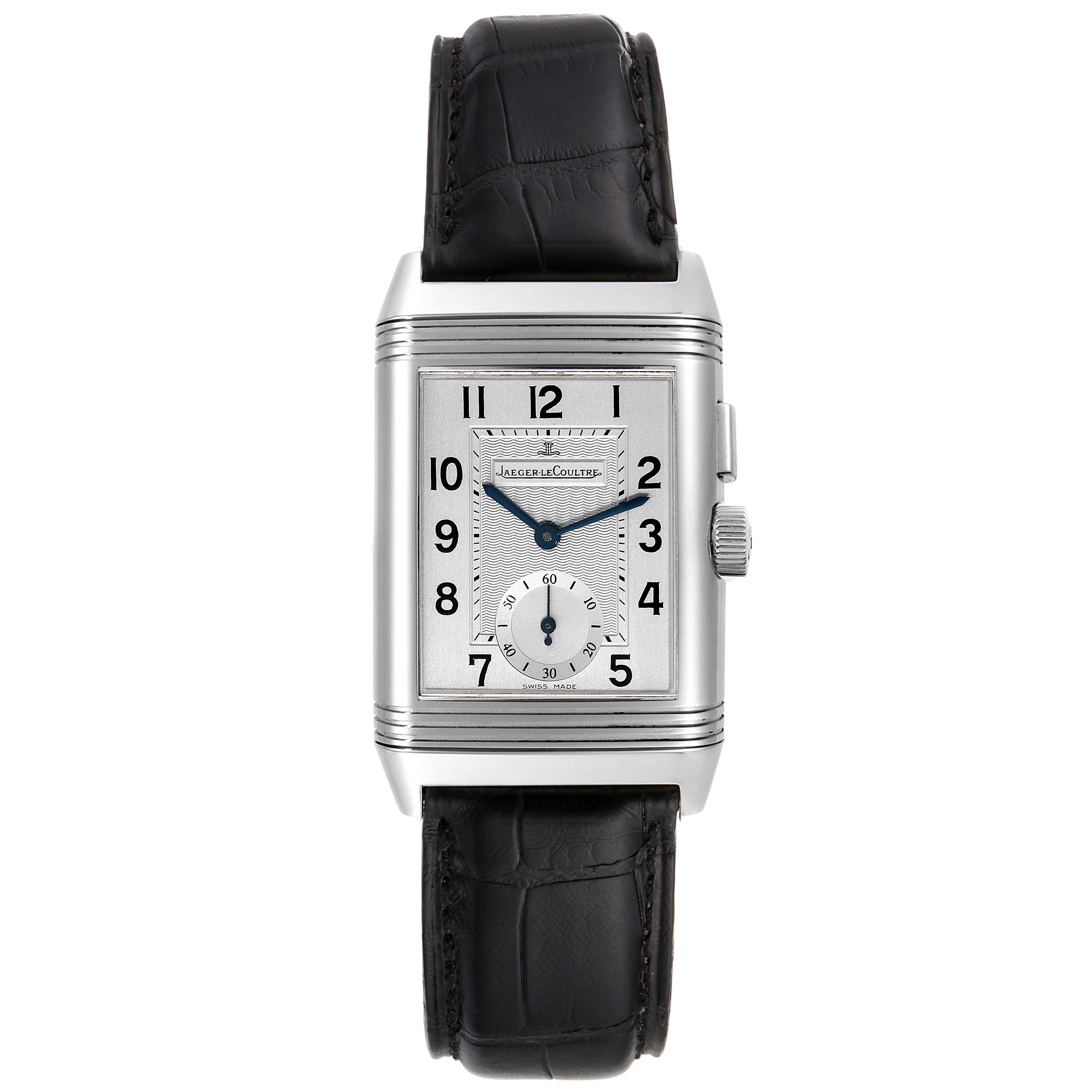 This is a front view of a Jaeger LeCoultre Reverso Q2718410 Men's Stainless Steel Silver Dial Q2718410 Men's Stainless Steel Silver Dial watch, featuring its rectangular face and leather strap.