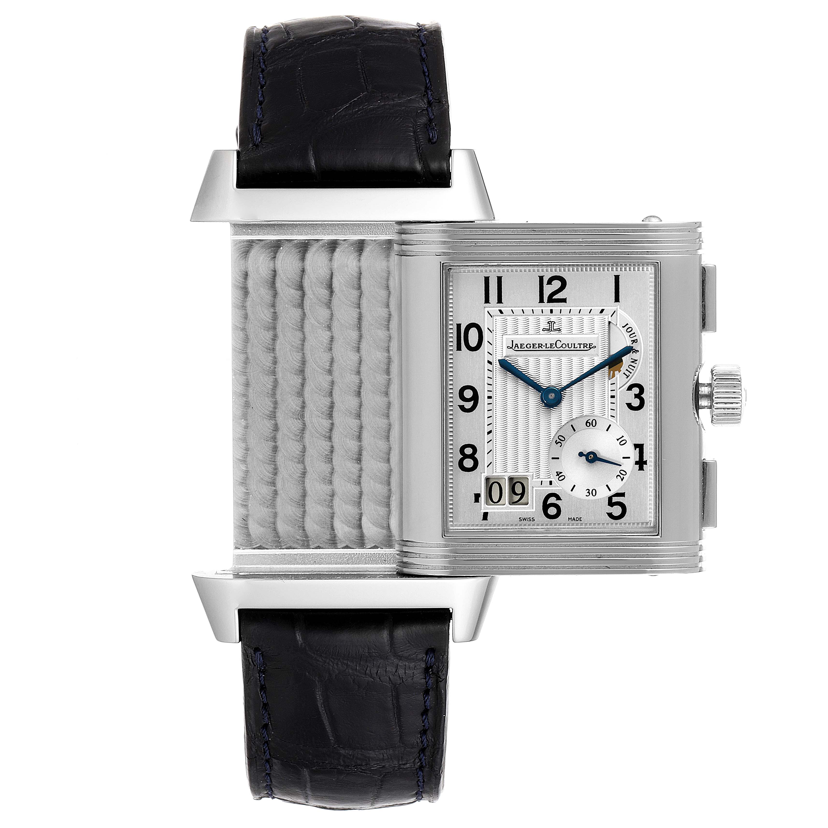 The image shows a front view of the Jaeger LeCoultre Reverso Q3028420 Men's Stainless Steel Silver Dial Q3028420 Men's Stainless Steel Silver Dial watch with its iconic reversible case, partially flipped to reveal the full design.