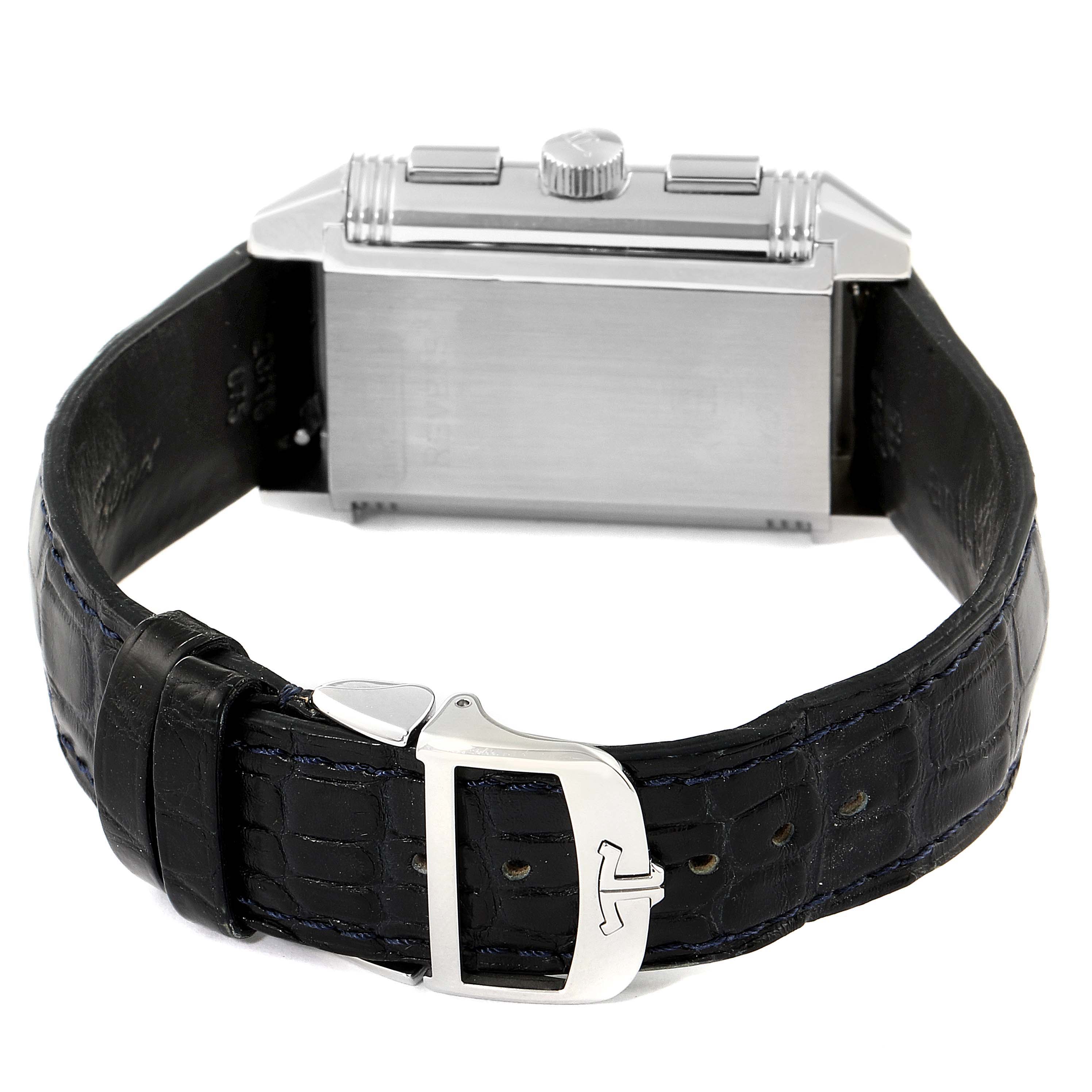 This image shows the back case and buckle of a Jaeger-LeCoultre Reverso watch with a black leather strap and stainless steel clasp.