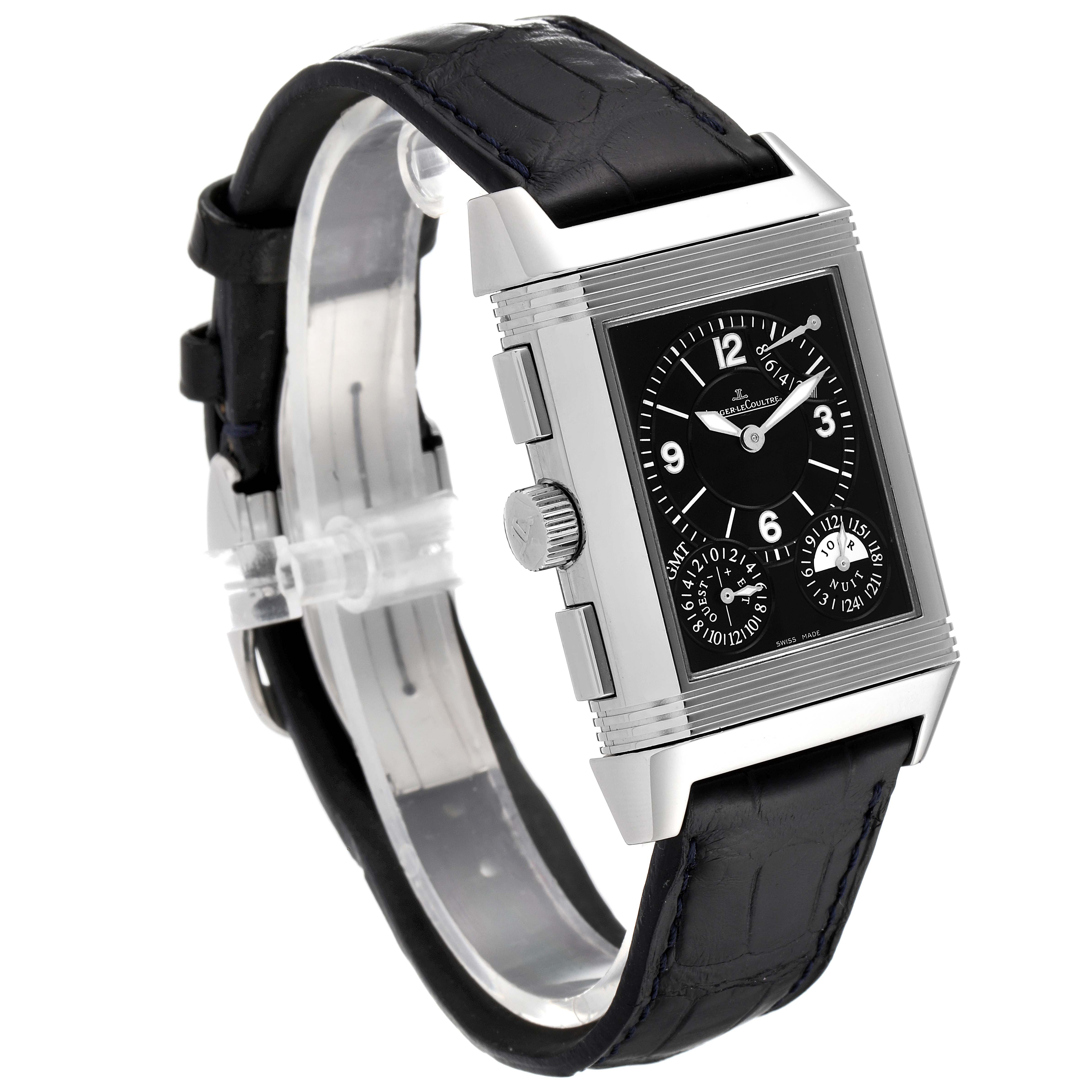 The image shows a front-side angled view of the Jaeger LeCoultre Reverso Q3028420 Men's Stainless Steel Silver Dial Q3028420 Men's Stainless Steel Silver Dial watch, detailing its black dial and leather strap.