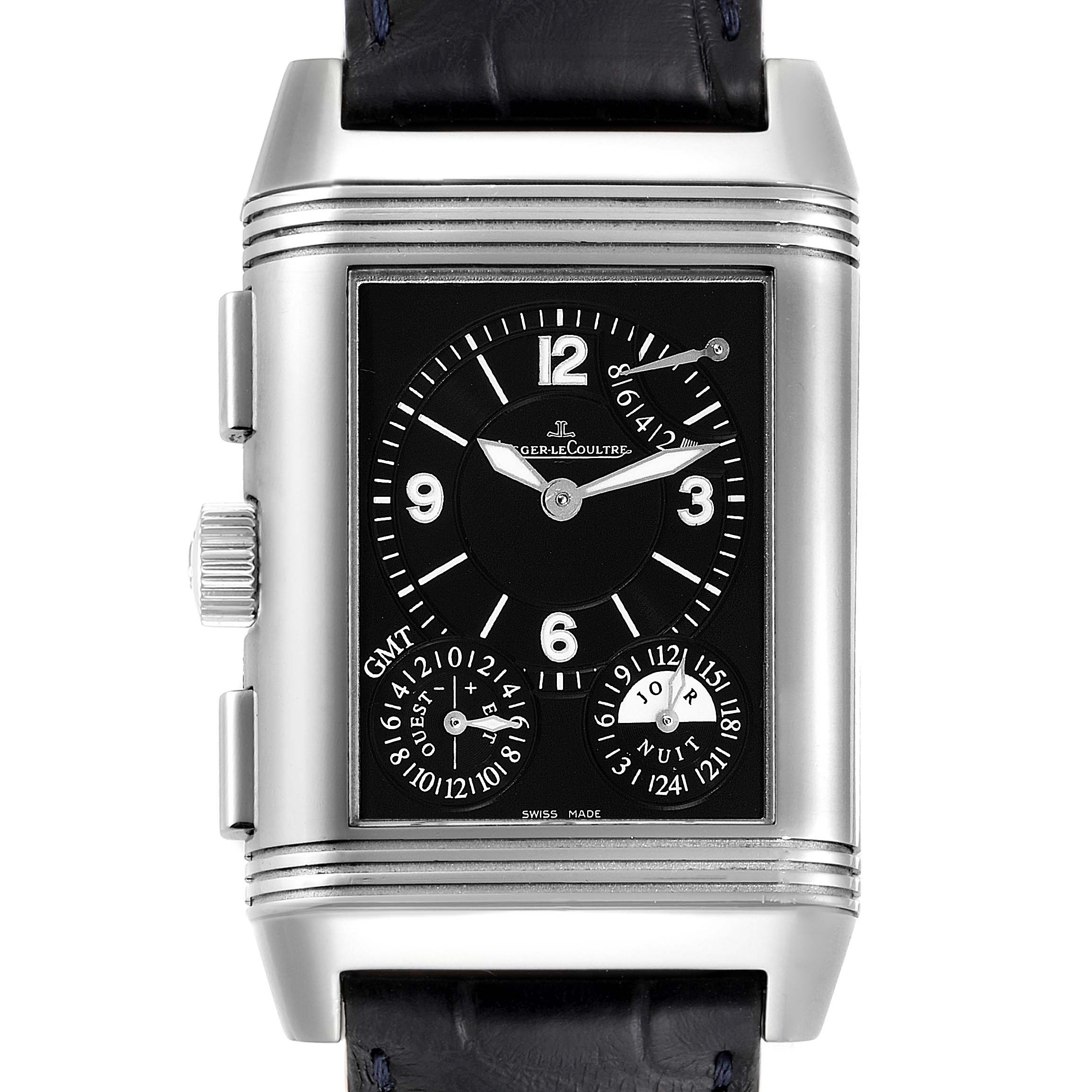 The image shows a front view of a Jaeger LeCoultre Reverso Q3028420 Men's Stainless Steel Silver Dial Q3028420 Men's Stainless Steel Silver Dial watch, displaying the dial, case, crown, and strap.