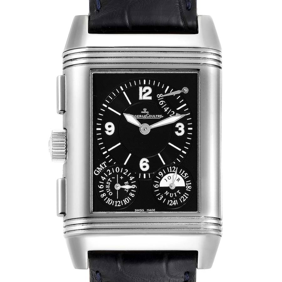 The image shows a front view of a Jaeger LeCoultre Reverso watch, displaying the dial, case, crown, and strap.