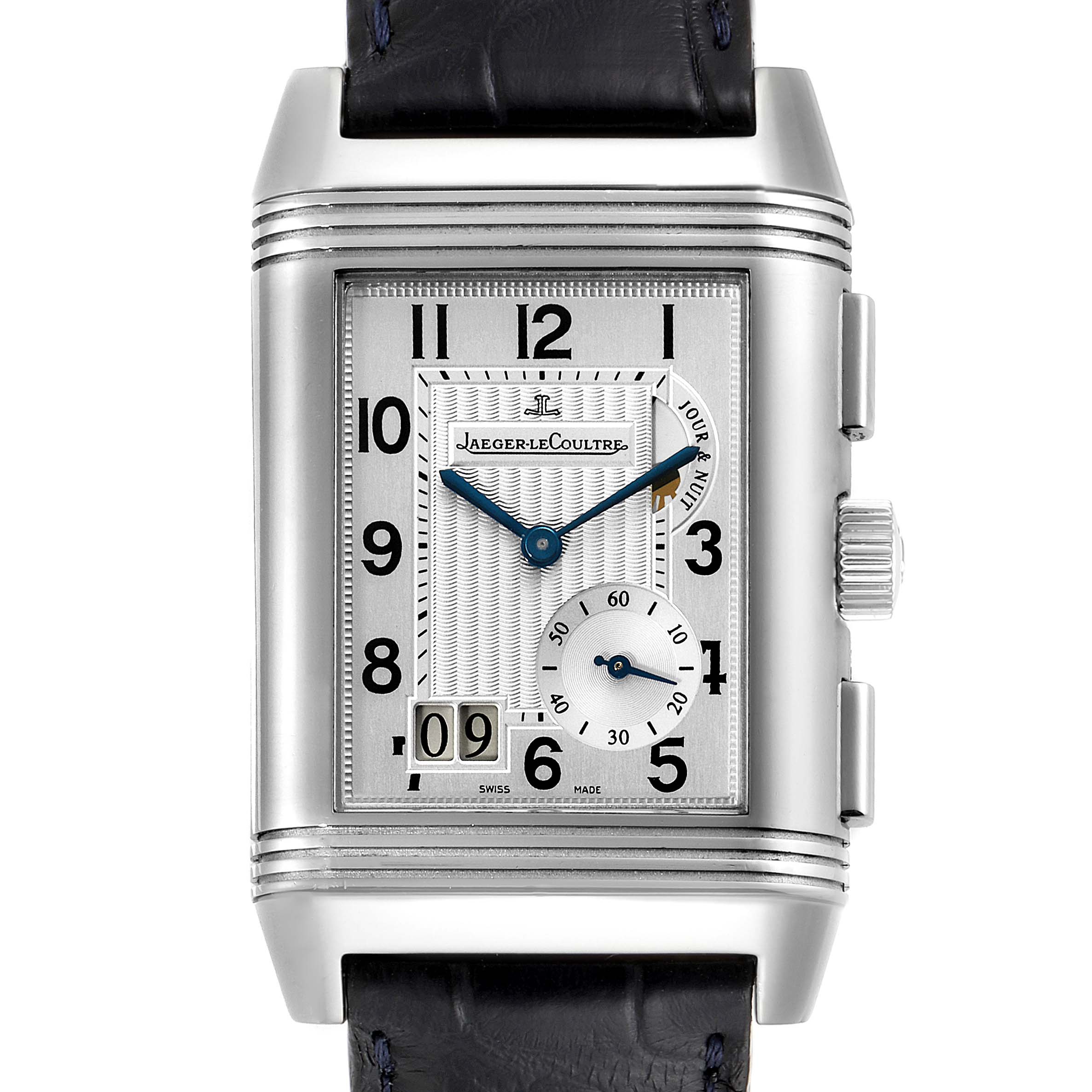 The image shows the front view of a Jaeger LeCoultre Reverso Q3028420 Men's Stainless Steel Silver Dial Q3028420 Men's Stainless Steel Silver Dial watch, highlighting the dial with time, small seconds, and date.