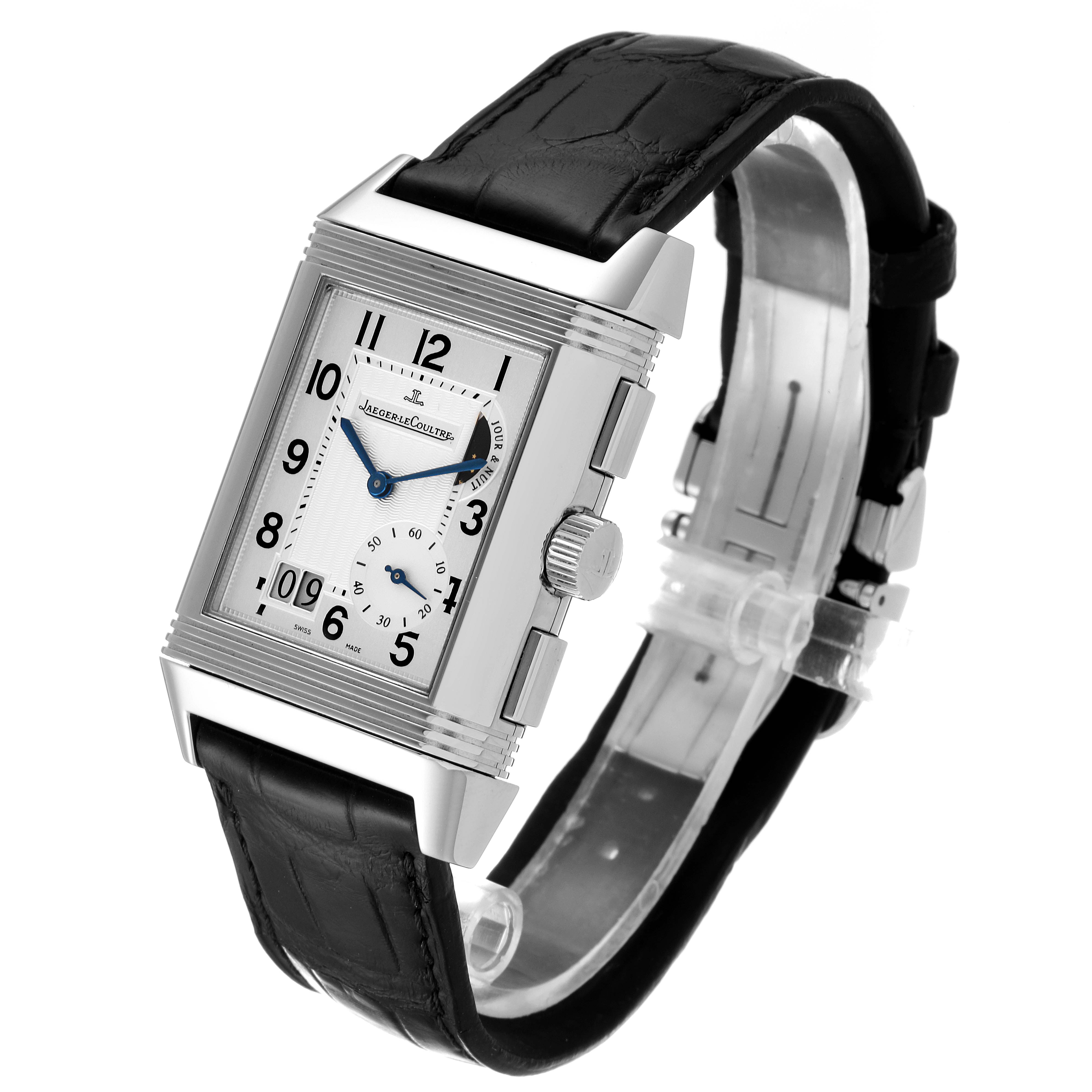 This Jaeger LeCoultre Reverso Q3028420 Men's Stainless Steel Silver Dial Q3028420 Men's Stainless Steel Silver Dial watch is shown at a three-quarter angle, displaying its rectangular face, strap, and side buttons.