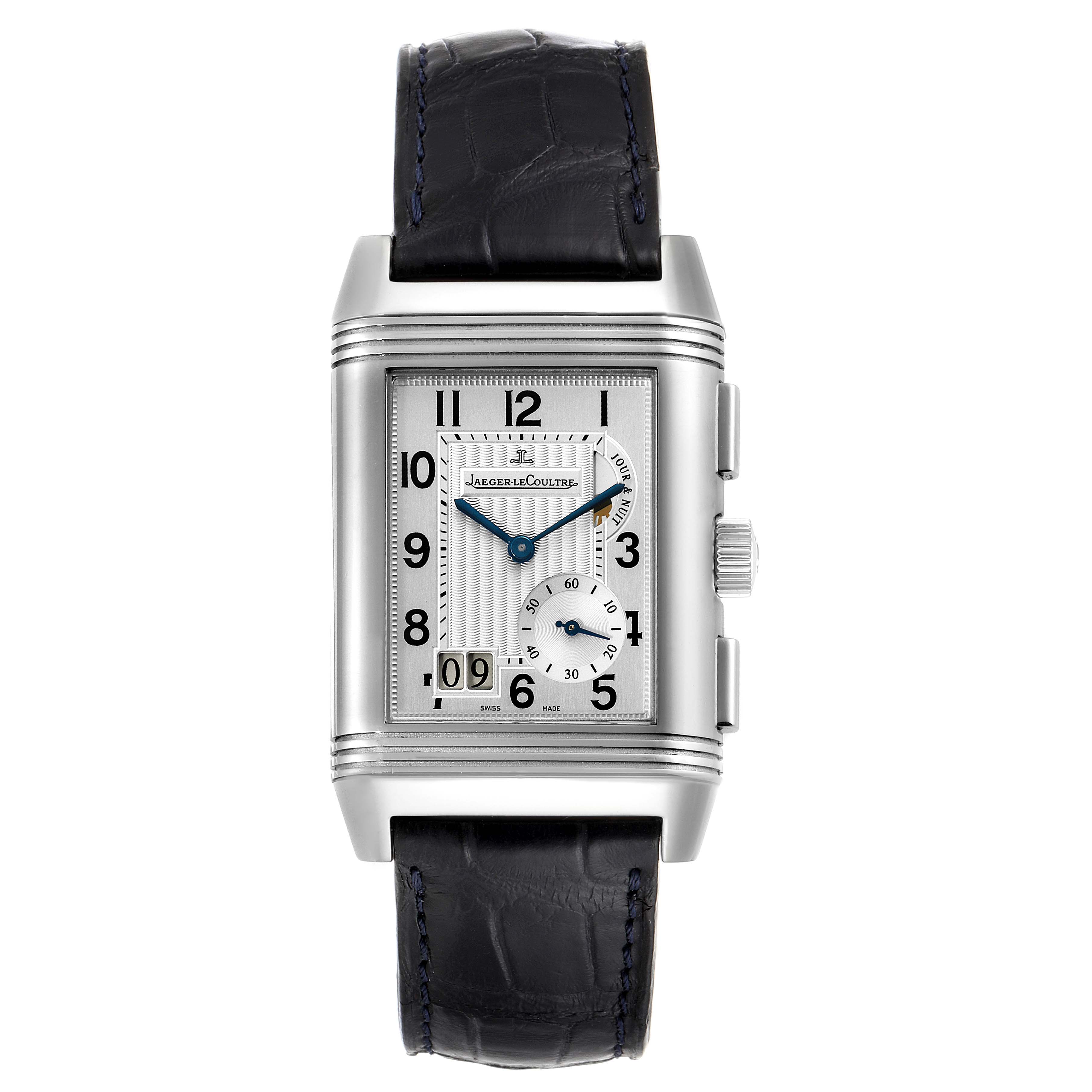The image shows a front view of the Jaeger LeCoultre Reverso Q3028420 Men's Stainless Steel Silver Dial Q3028420 Men's Stainless Steel Silver Dial watch, displaying its rectangular face, dial, and black leather strap.