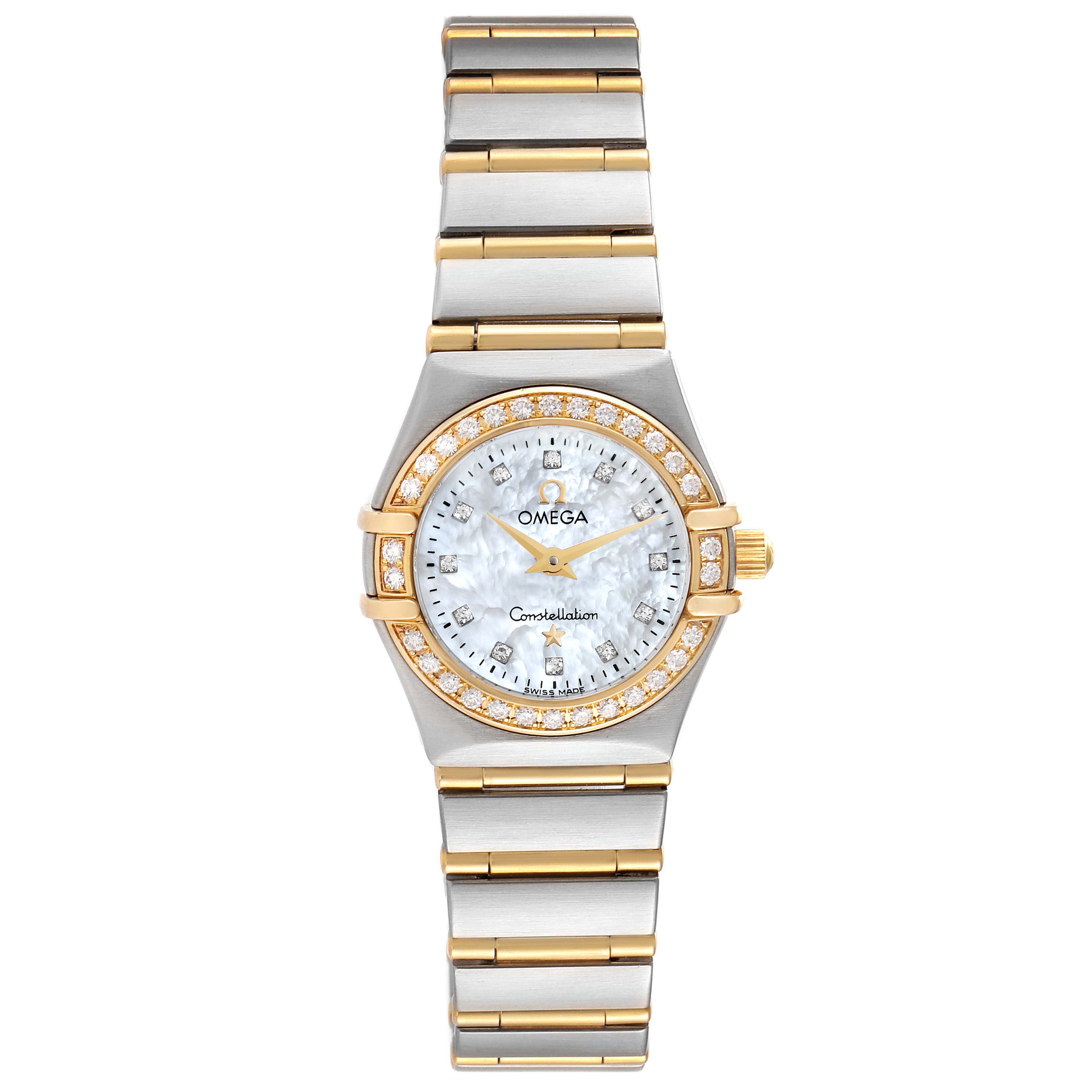 The image shows a front view of the Omega 1267.75.00 Women's Steel and Gold (two tone) Mother of Pearl Dial 1267.75.00 Women's Steel and Gold (two tone) Mother of Pearl Dial Constellation 95 Mother of Pearl Diamond Ladies Watch model 1267.75.00.