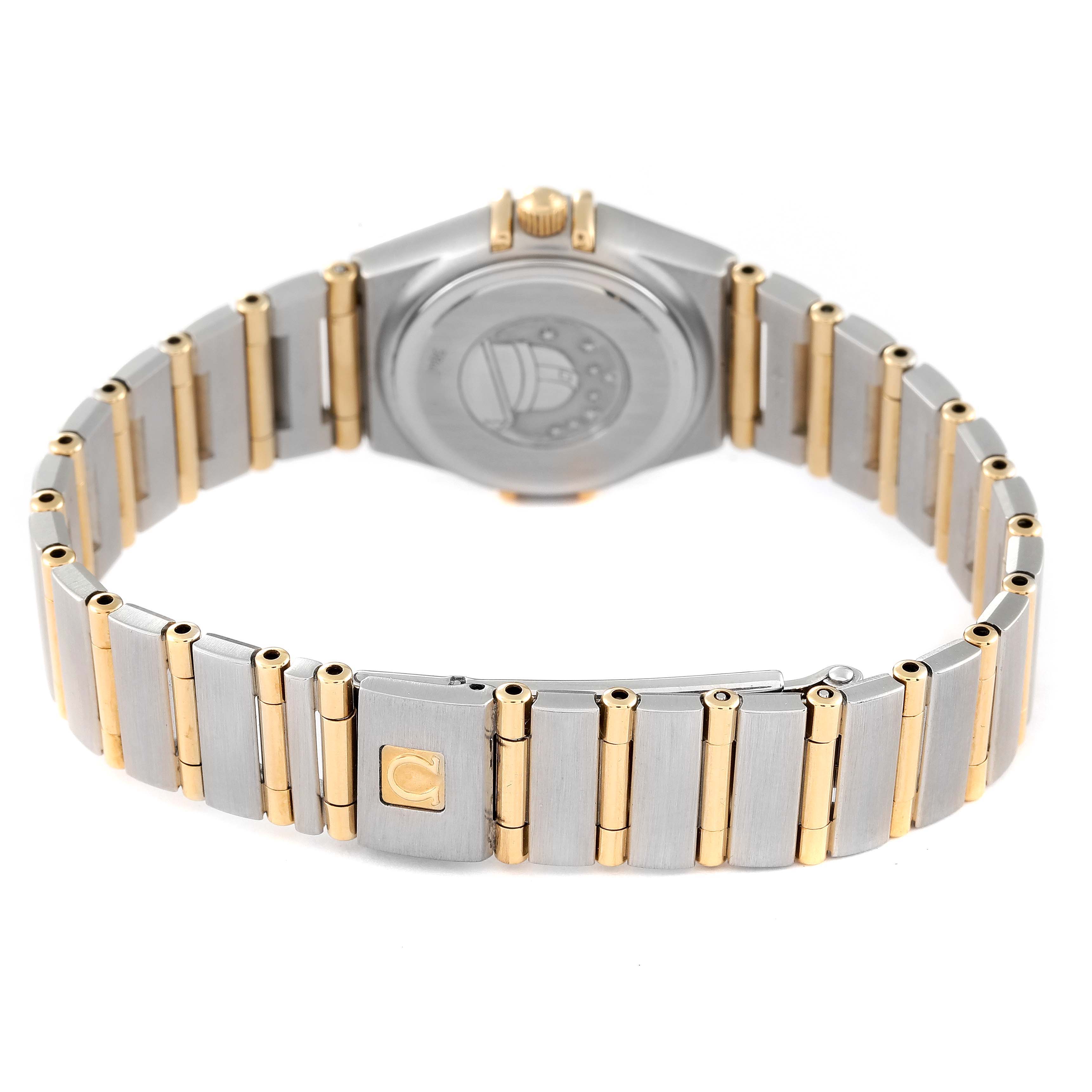 The image shows the back side and bracelet of the Omega 1267.75.00 Women's Steel and Gold (two tone) Mother of Pearl Dial 1267.75.00 Women's Steel and Gold (two tone) Mother of Pearl Dial Constellation 95 Mother of Pearl Diamond Ladies Watch 1267.75.00 Box Card model.