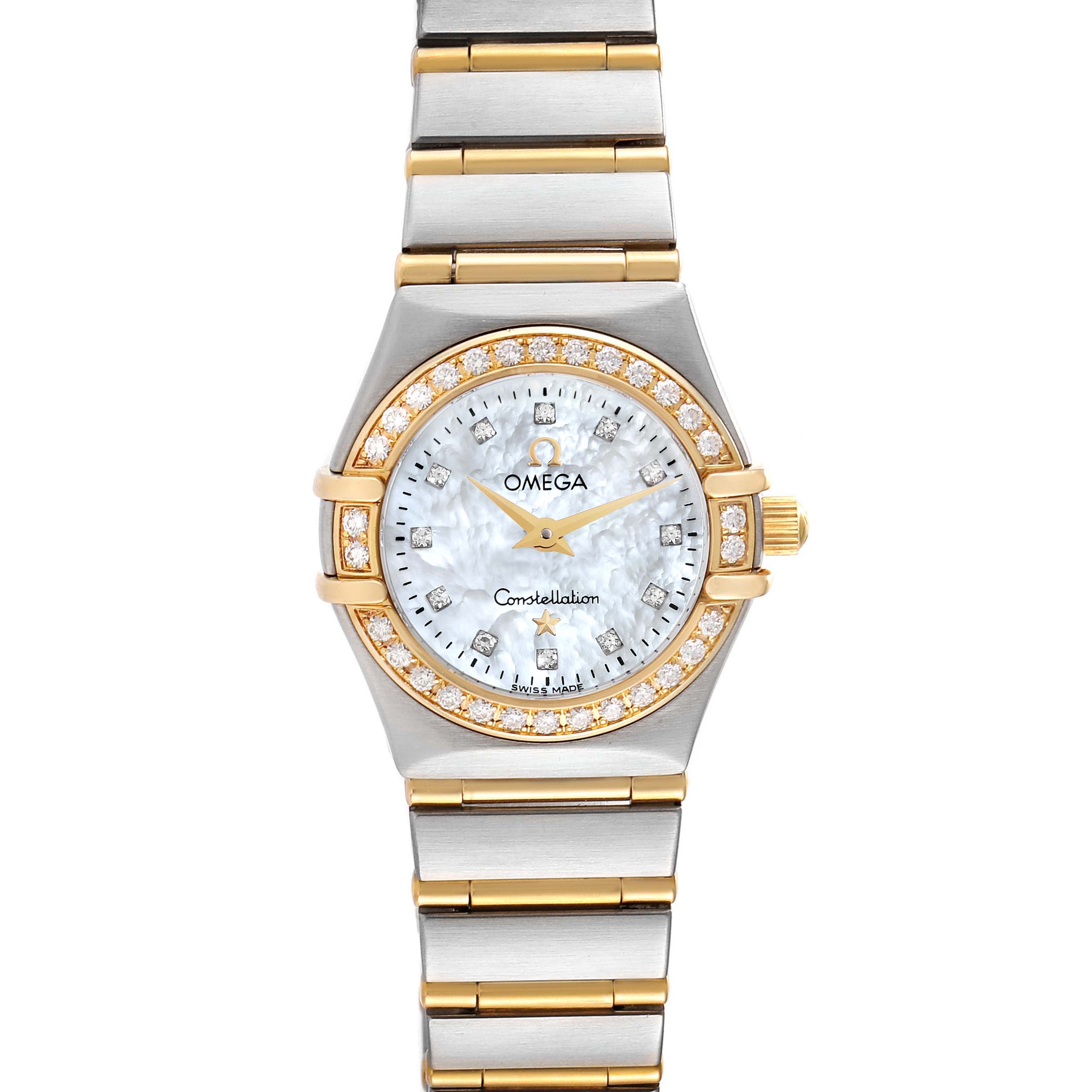 The image shows a front view of the Omega 1267.75.00 Women's Steel and Gold (two tone) Mother of Pearl Dial 1267.75.00 Women's Steel and Gold (two tone) Mother of Pearl Dial Constellation 95 Mother of Pearl Diamond Ladies Watch model 1267.75.00.
