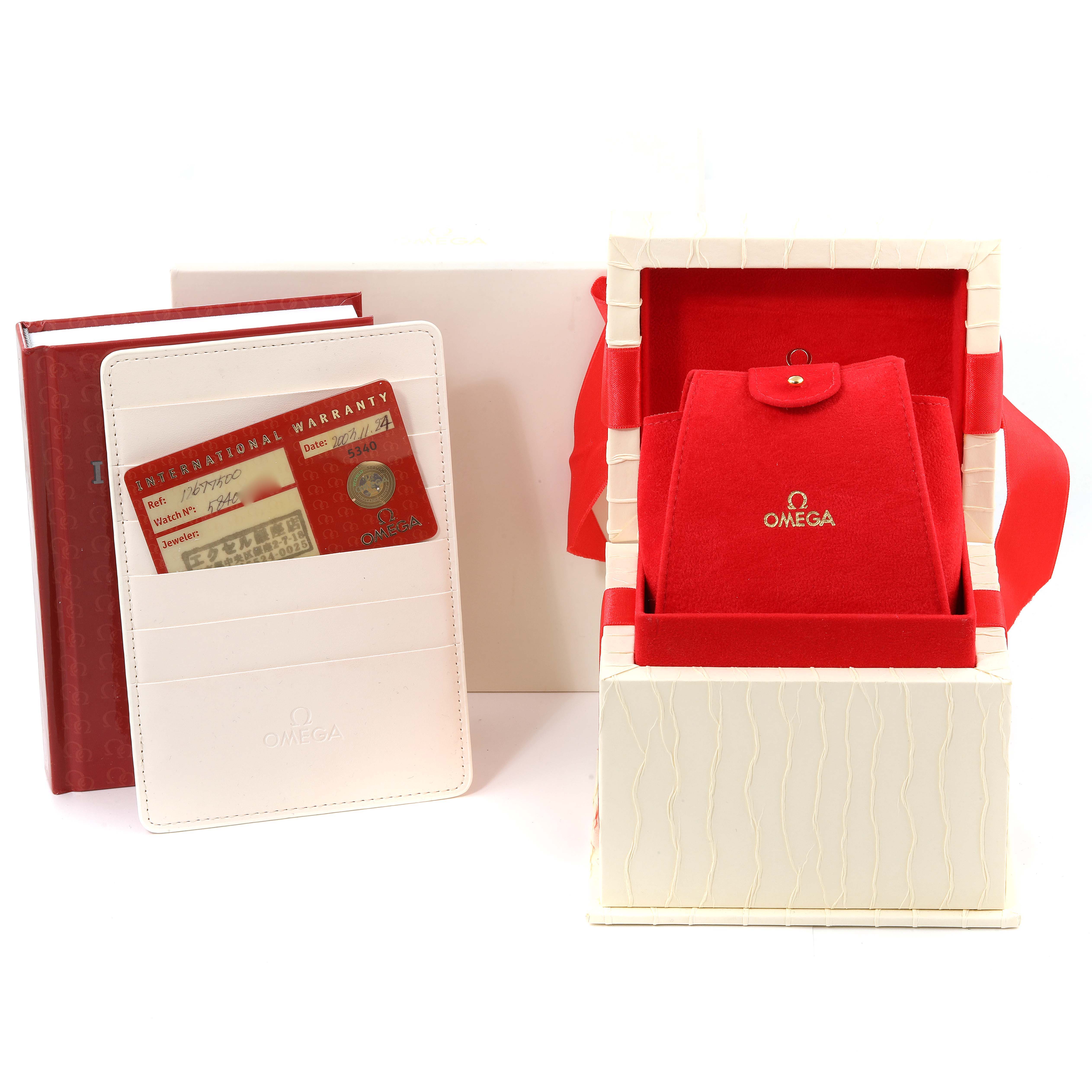 The image shows the box, a red pouch, a white cardholder with warranty cards, and a booklet for the Omega 1267.75.00 Women's Steel and Gold (two tone) Mother of Pearl Dial 1267.75.00 Women's Steel and Gold (two tone) Mother of Pearl Dial Constellation 95 model 1267.75.00.