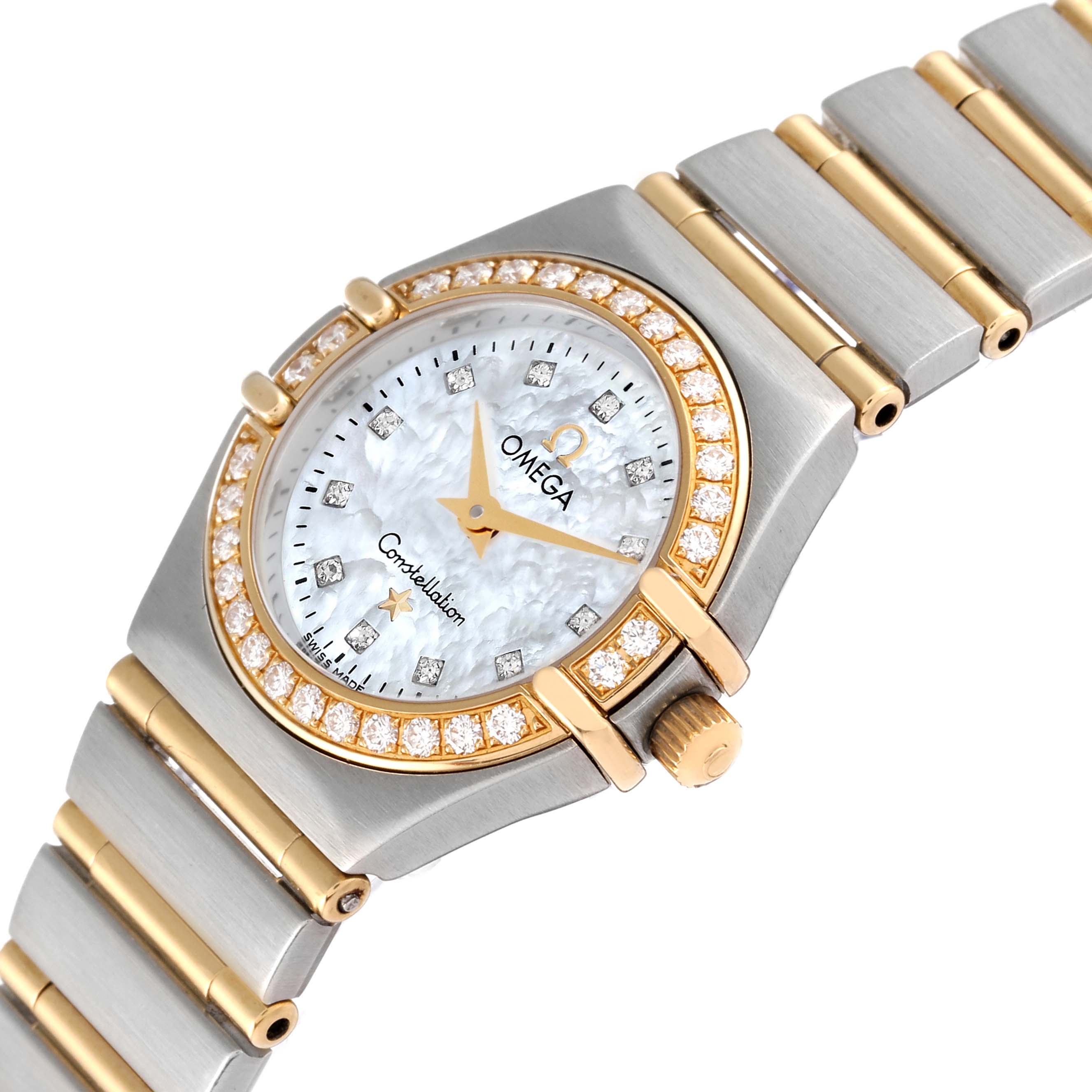 The image shows a close-up angle of the Omega 1267.75.00 Women's Steel and Gold (two tone) Mother of Pearl Dial 1267.75.00 Women's Steel and Gold (two tone) Mother of Pearl Dial Constellation 95 Mother of Pearl Diamond Ladies Watch 1267.75.00, highlighting the face, bezel, and bracelet.