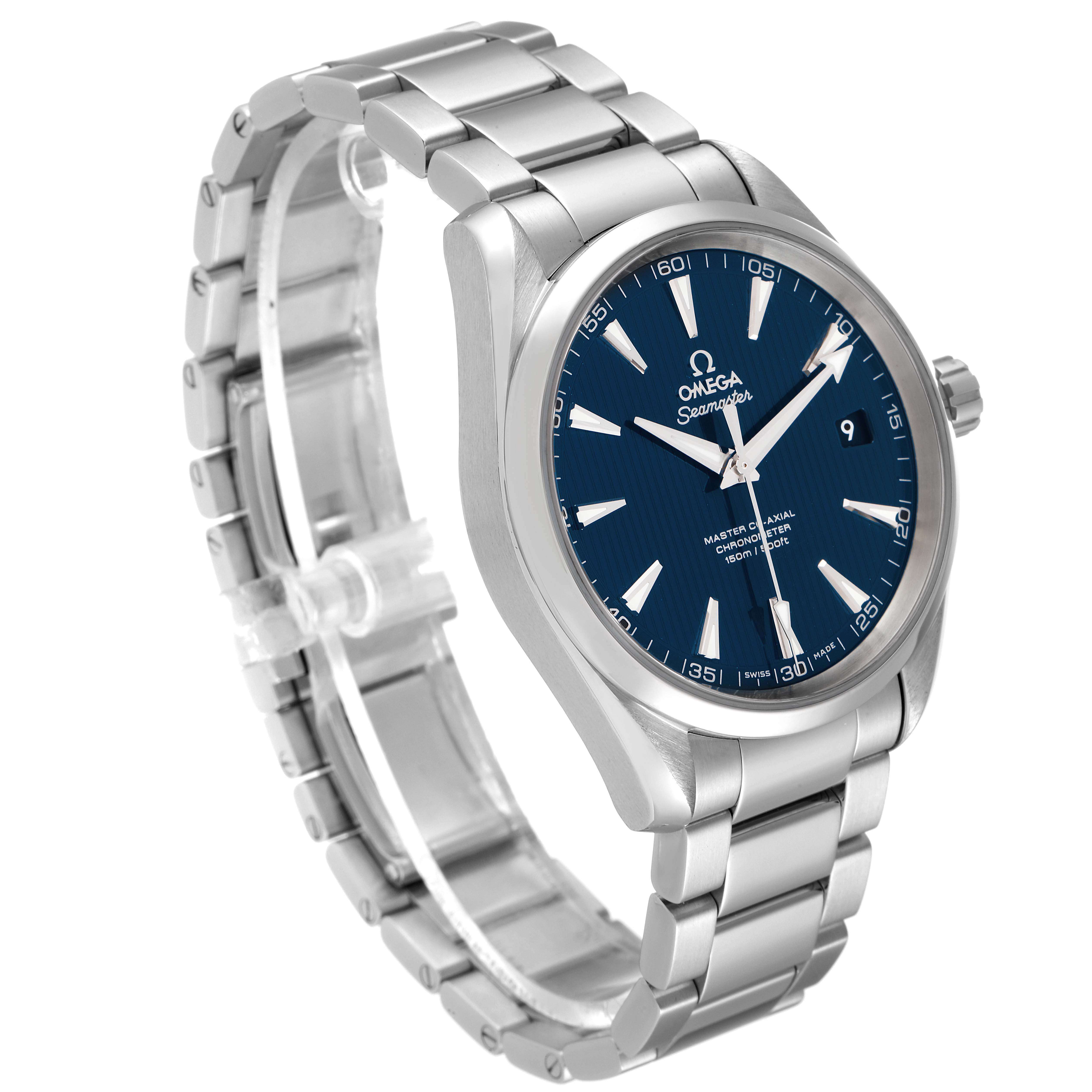 The Omega Aqua Terra 231.10.42.21.03.003 Men
s Stainless Steel Blue Dial 231.10.42.21.03.003 Men
s Stainless Steel Blue Dial watch is shown from a slight left side angle, highlighting its blue dial, case, and metal bracelet.