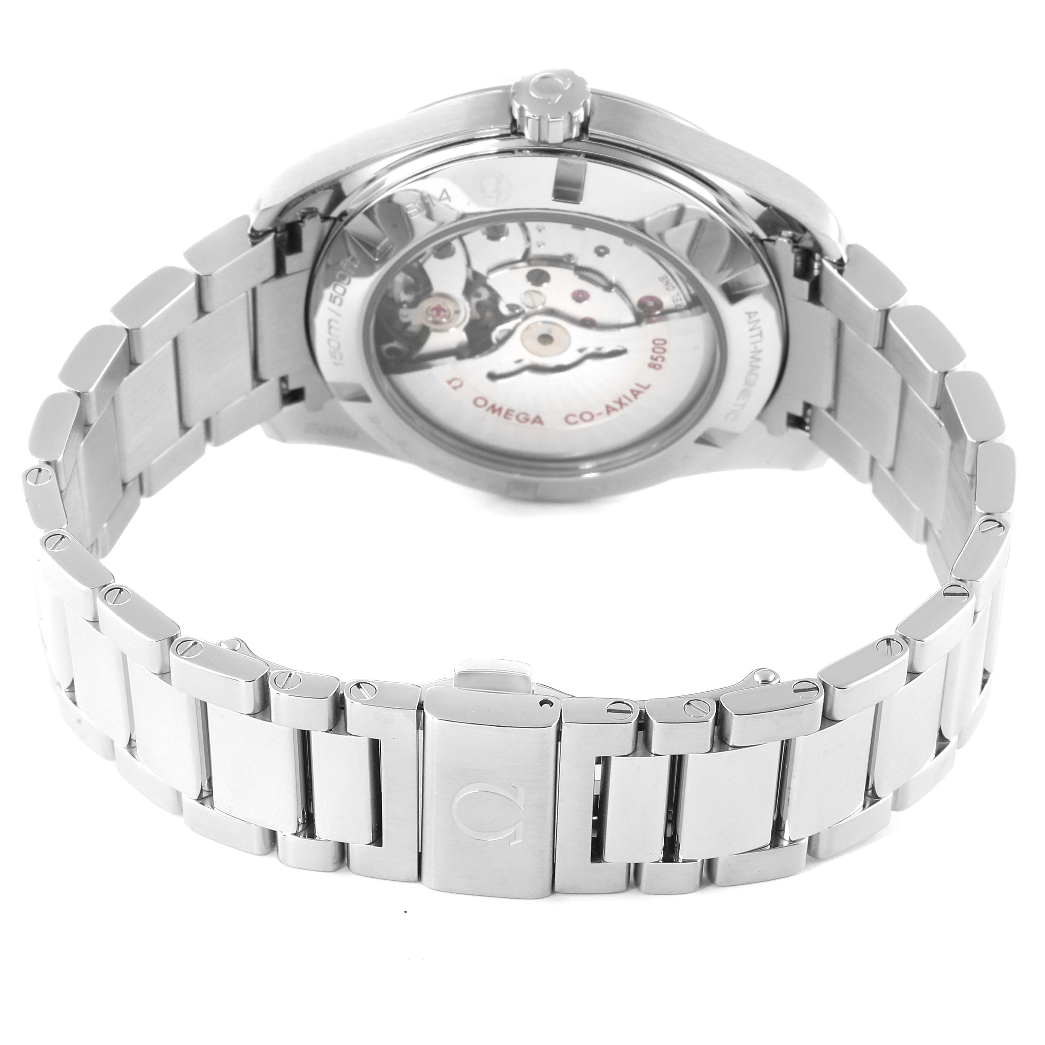 The image shows the back view of the Omega Aqua Terra 231.10.42.21.03.003 Men
s Stainless Steel Blue Dial 231.10.42.21.03.003 Men
s Stainless Steel Blue Dial watch, highlighting its exhibition case back and stainless steel bracelet.