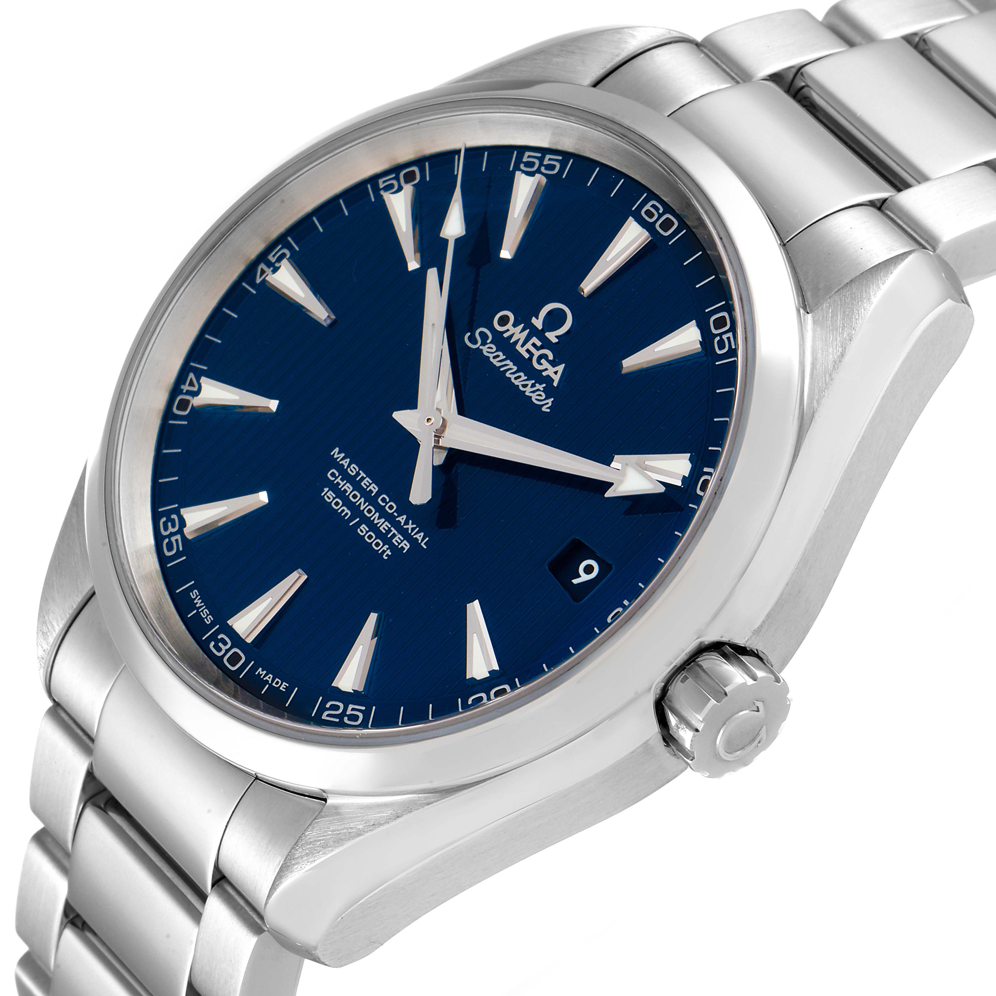 This is a close-up angled view of the Omega Aqua Terra 231.10.42.21.03.003 Men
s Stainless Steel Blue Dial 231.10.42.21.03.003 Men
s Stainless Steel Blue Dial watch, showing its blue dial, silver indices, crown, and metal bracelet.