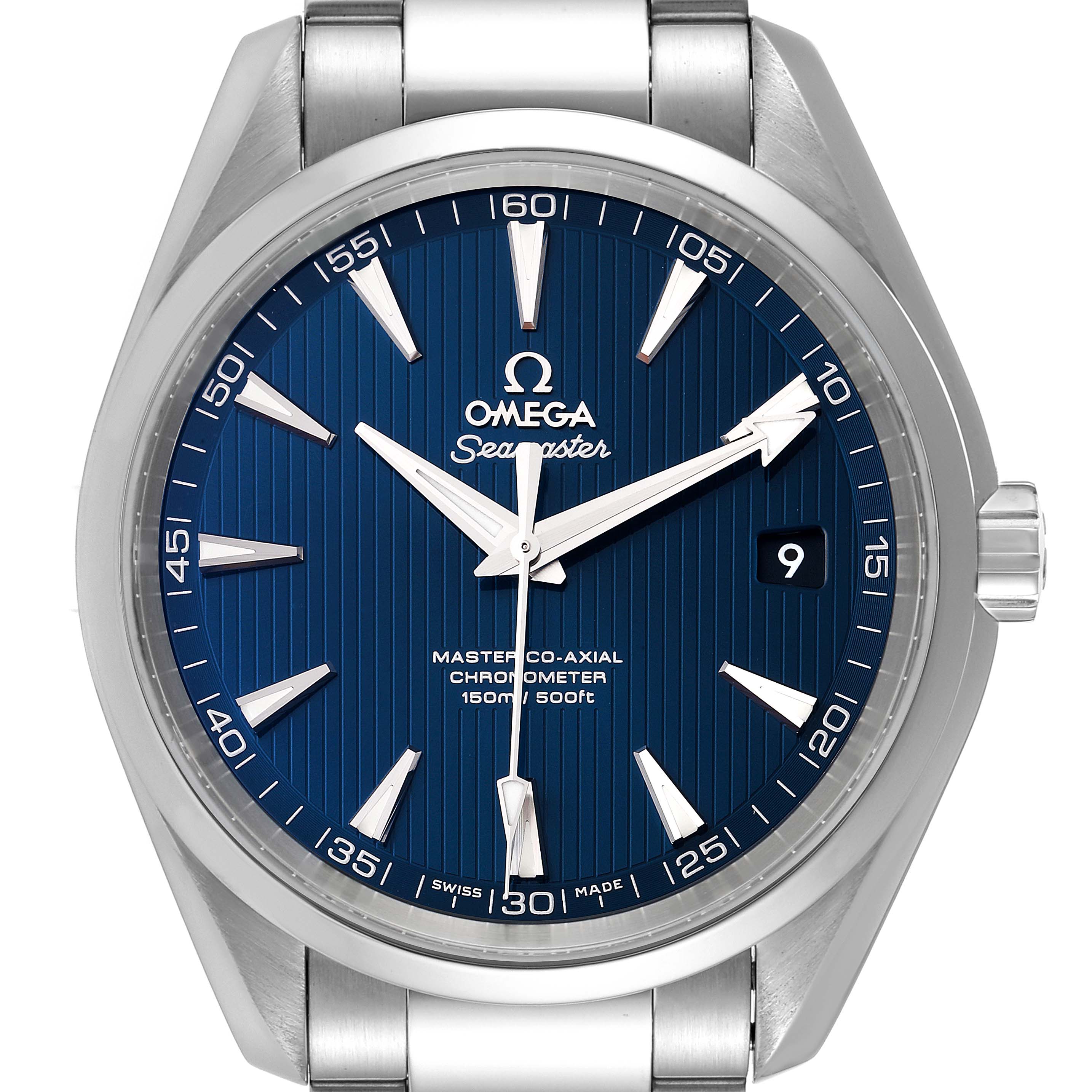 This image shows a front view of the Omega Aqua Terra 231.10.42.21.03.003 Men
s Stainless Steel Blue Dial 231.10.42.21.03.003 Men
s Stainless Steel Blue Dial model with a blue dial and stainless steel bracelet.