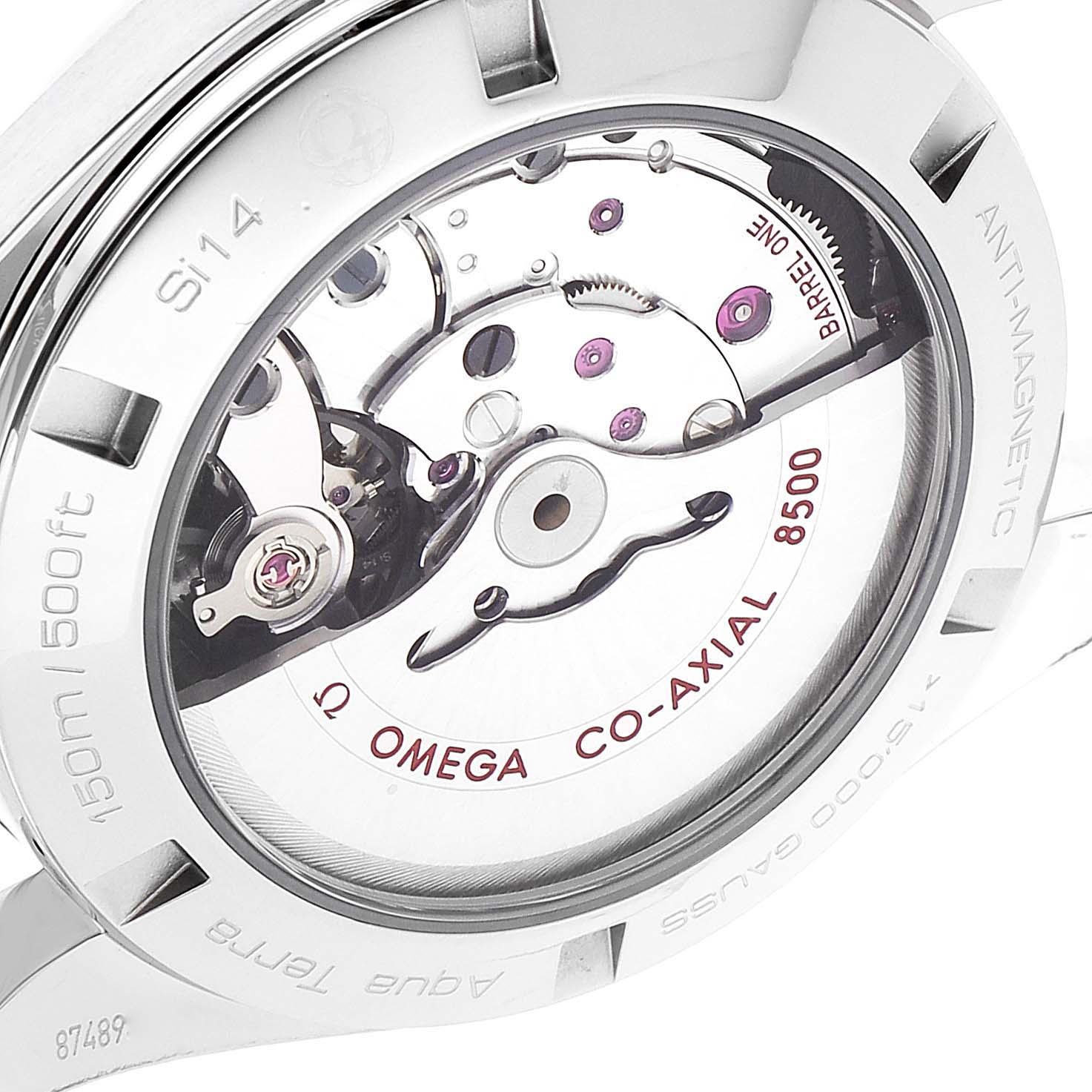 The image shows the back of the Omega Aqua Terra 231.10.42.21.03.003 Men
s Stainless Steel Blue Dial 231.10.42.21.03.003 Men
s Stainless Steel Blue Dial watch, highlighting the exposed Co-Axial 8500 movement.