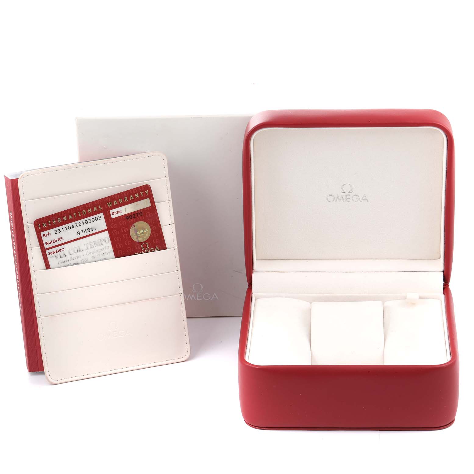 The image shows an Omega Aqua Terra 231.10.42.21.03.003 Men
s Stainless Steel Blue Dial 231.10.42.21.03.003 Men
s Stainless Steel Blue Dial watch box, warranty card, and cardholder at a front-facing angle.