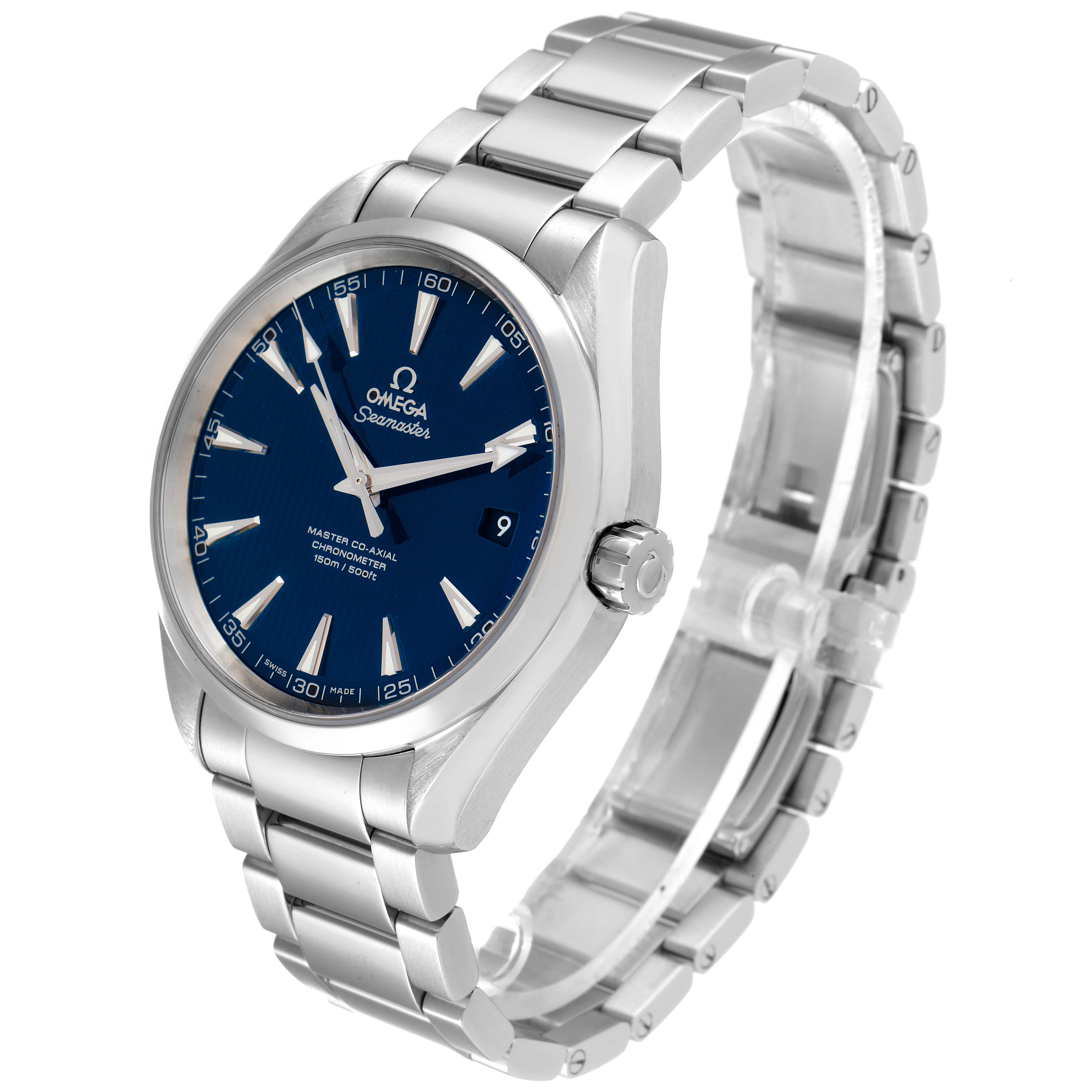 The Omega Aqua Terra 231.10.42.21.03.003 Men
s Stainless Steel Blue Dial 231.10.42.21.03.003 Men
s Stainless Steel Blue Dial watch is shown at a slight angle, displaying the blue dial, crown, and metal bracelet.