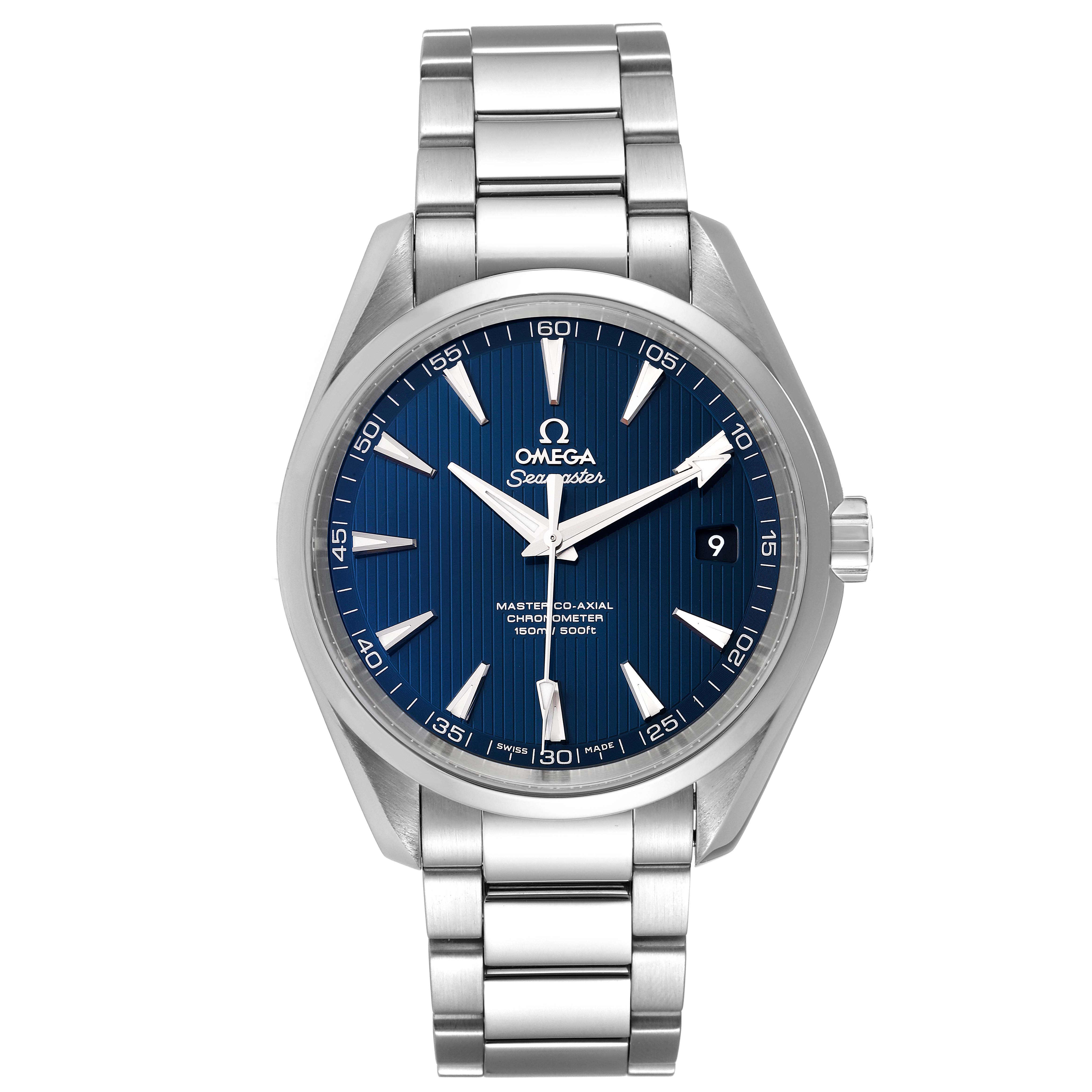The image shows a front view of the Omega Aqua Terra 231.10.42.21.03.003 Men
s Stainless Steel Blue Dial 231.10.42.21.03.003 Men
s Stainless Steel Blue Dial watch with a blue dial and stainless steel bracelet.