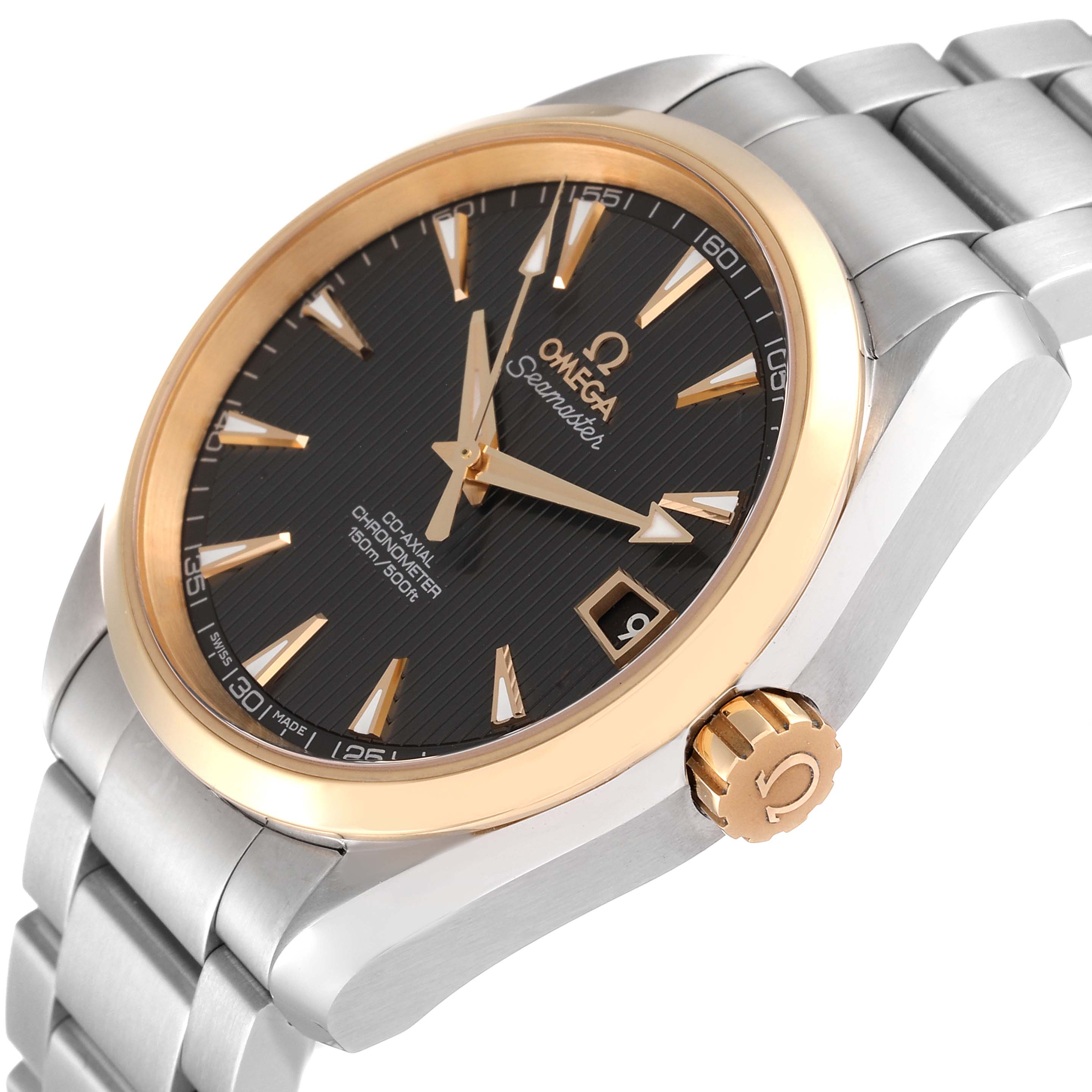 The image shows an Omega Aqua Terra 231.20.39.21.06.004 Men's Steel and Gold (two tone) Grey Dial 231.20.39.21.06.004 Men's Steel and Gold (two tone) Grey Dial watch at a three-quarter angle highlighting the bezel, crown, and bracelet.