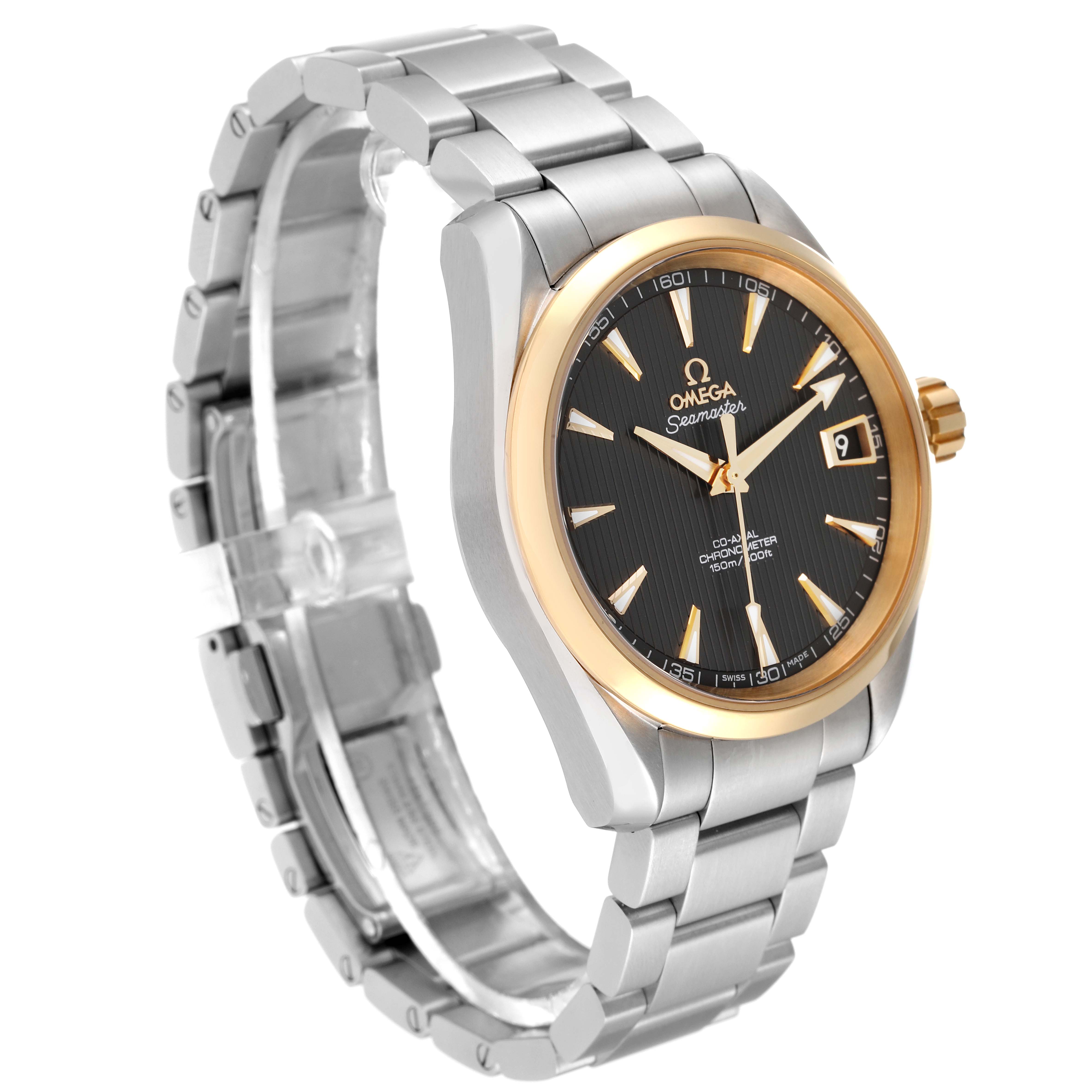 The image shows an angled side view of the Omega Aqua Terra 231.20.39.21.06.004 Men's Steel and Gold (two tone) Grey Dial 231.20.39.21.06.004 Men's Steel and Gold (two tone) Grey Dial watch, displaying the dial, bezel, crown, and stainless steel bracelet.