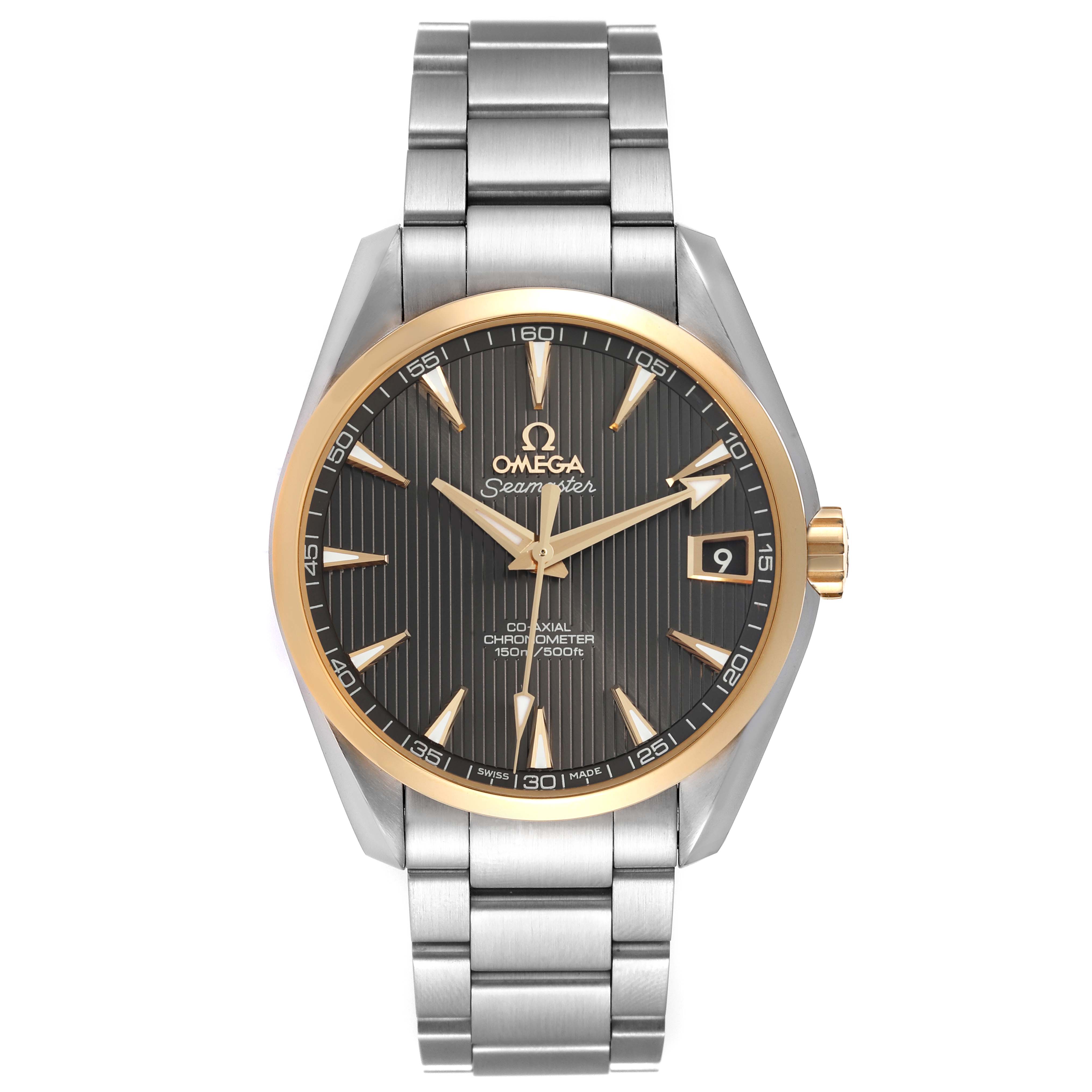 The image shows a front view of the Omega Aqua Terra 231.20.39.21.06.004 Men's Steel and Gold (two tone) Grey Dial 231.20.39.21.06.004 Men's Steel and Gold (two tone) Grey Dial watch, highlighting the face, bezel, and metal bracelet.