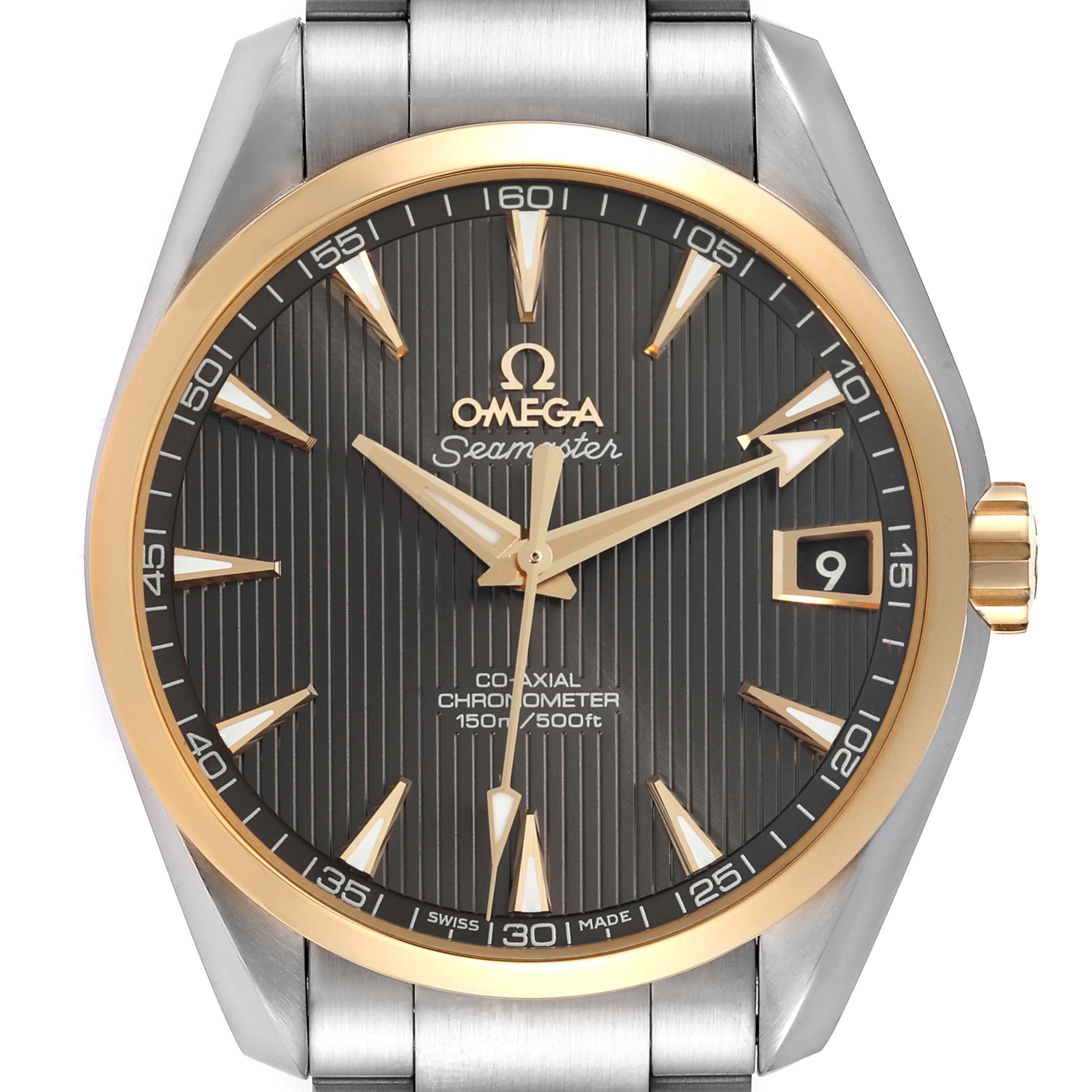 This image shows a front view of the Omega Aqua Terra 231.20.39.21.06.004 Men's Steel and Gold (two tone) Grey Dial 231.20.39.21.06.004 Men's Steel and Gold (two tone) Grey Dial watch, featuring a black dial, gold accents, and a metal bracelet.