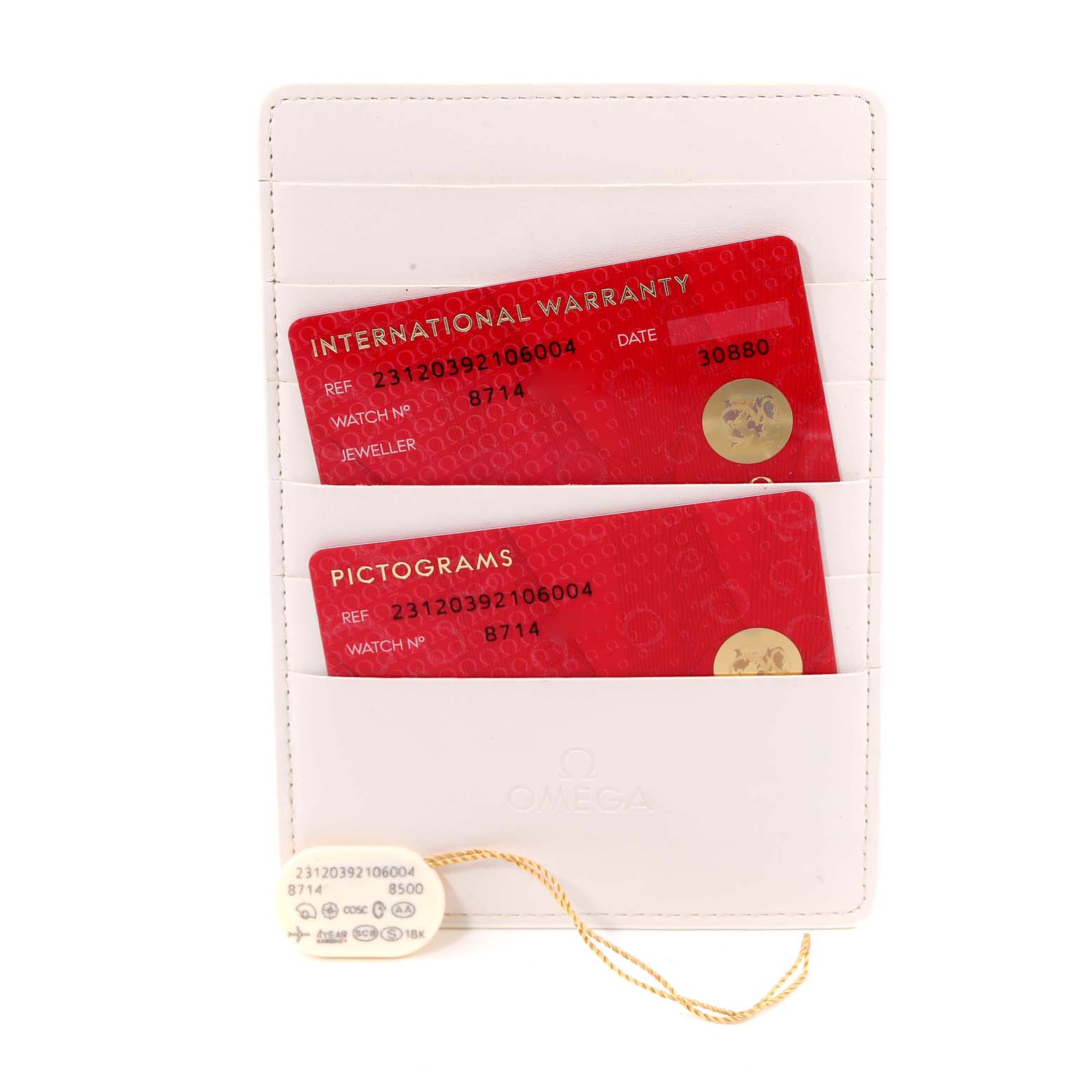 The image shows warranty cards and documentation for the Omega Aqua Terra 231.20.39.21.06.004 Men's Steel and Gold (two tone) Grey Dial 231.20.39.21.06.004 Men's Steel and Gold (two tone) Grey Dial model, including an international warranty card and a pictogram card.