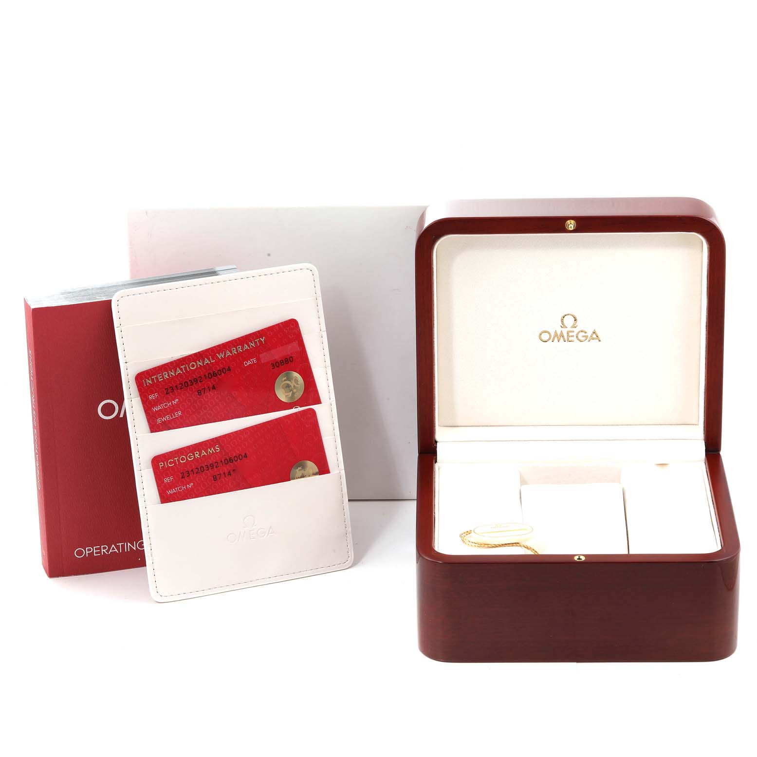 The image shows the Omega Aqua Terra 231.20.39.21.06.004 Men's Steel and Gold (two tone) Grey Dial 231.20.39.21.06.004 Men's Steel and Gold (two tone) Grey Dial watch box, warranty cards, operating instructions, and a wooden presentation case.