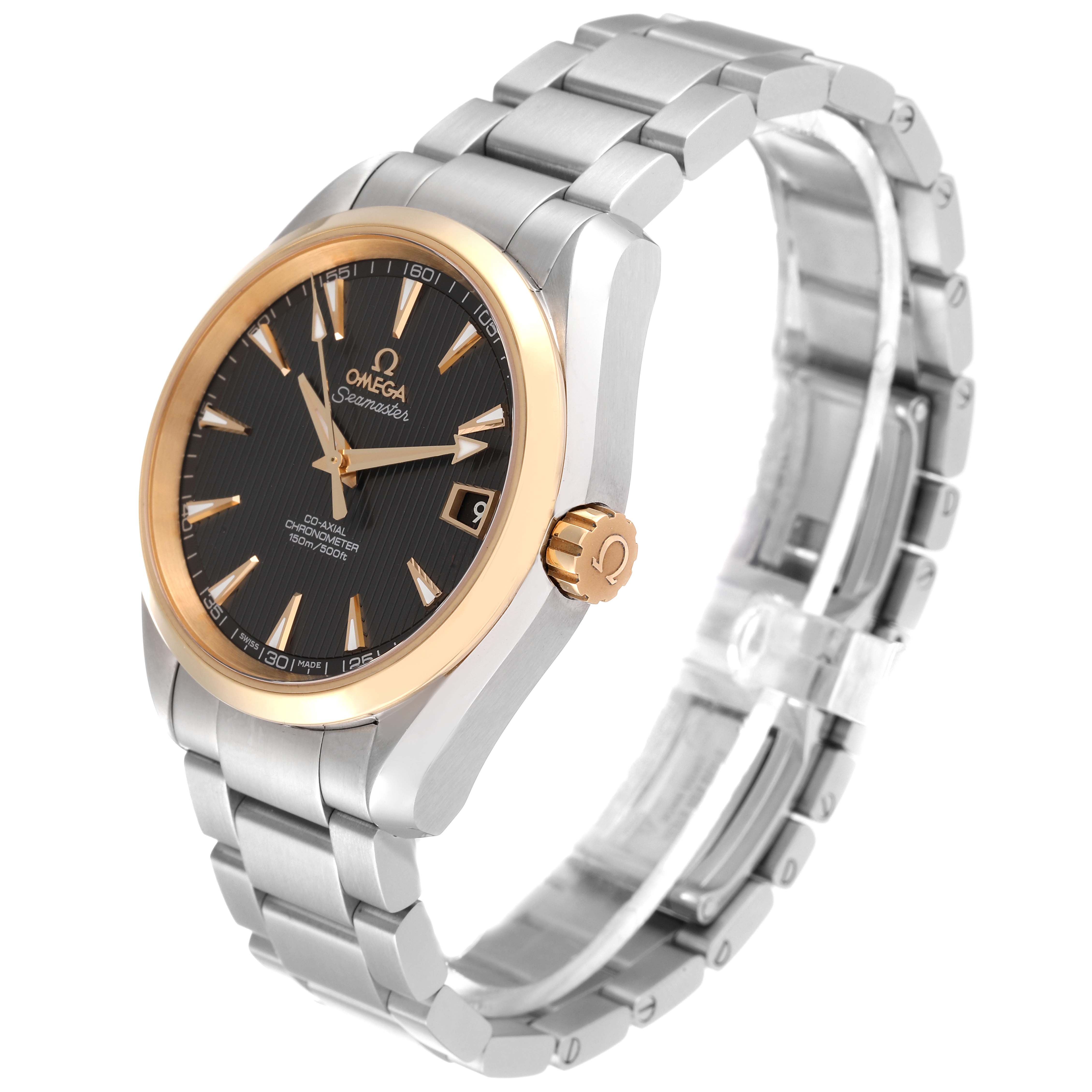 The image displays an Omega Aqua Terra 231.20.39.21.06.004 Men's Steel and Gold (two tone) Grey Dial 231.20.39.21.06.004 Men's Steel and Gold (two tone) Grey Dial watch at a slight angle, showcasing its face, bezel, bracelet, and crown.