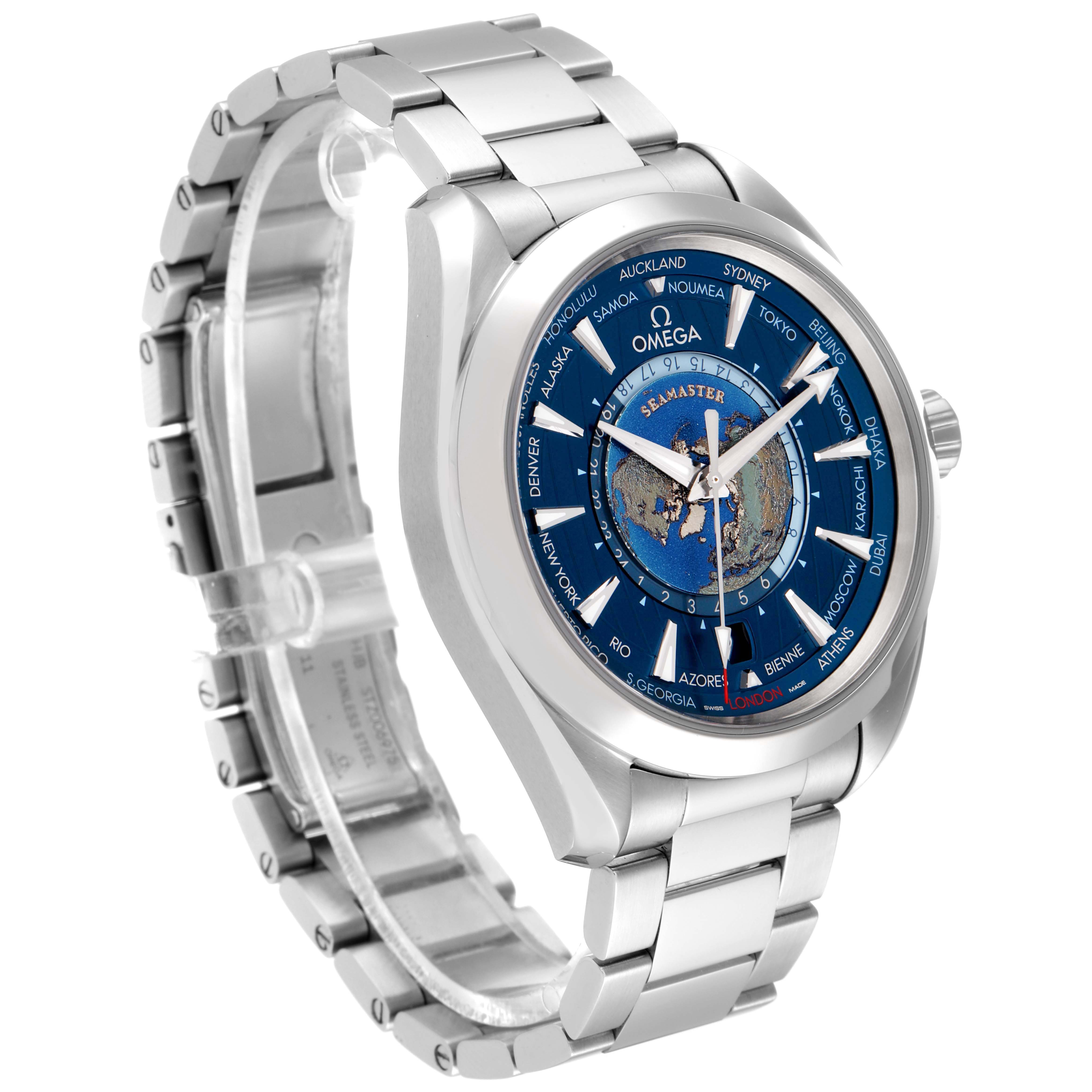 The image shows an Omega Aqua Terra 220.10.43.22.03.001 Men's Stainless Steel Blue Dial 220.10.43.22.03.001 Men's Stainless Steel Blue Dial model watch at a three-quarter angle, highlighting its face, bezel, and metal bracelet.