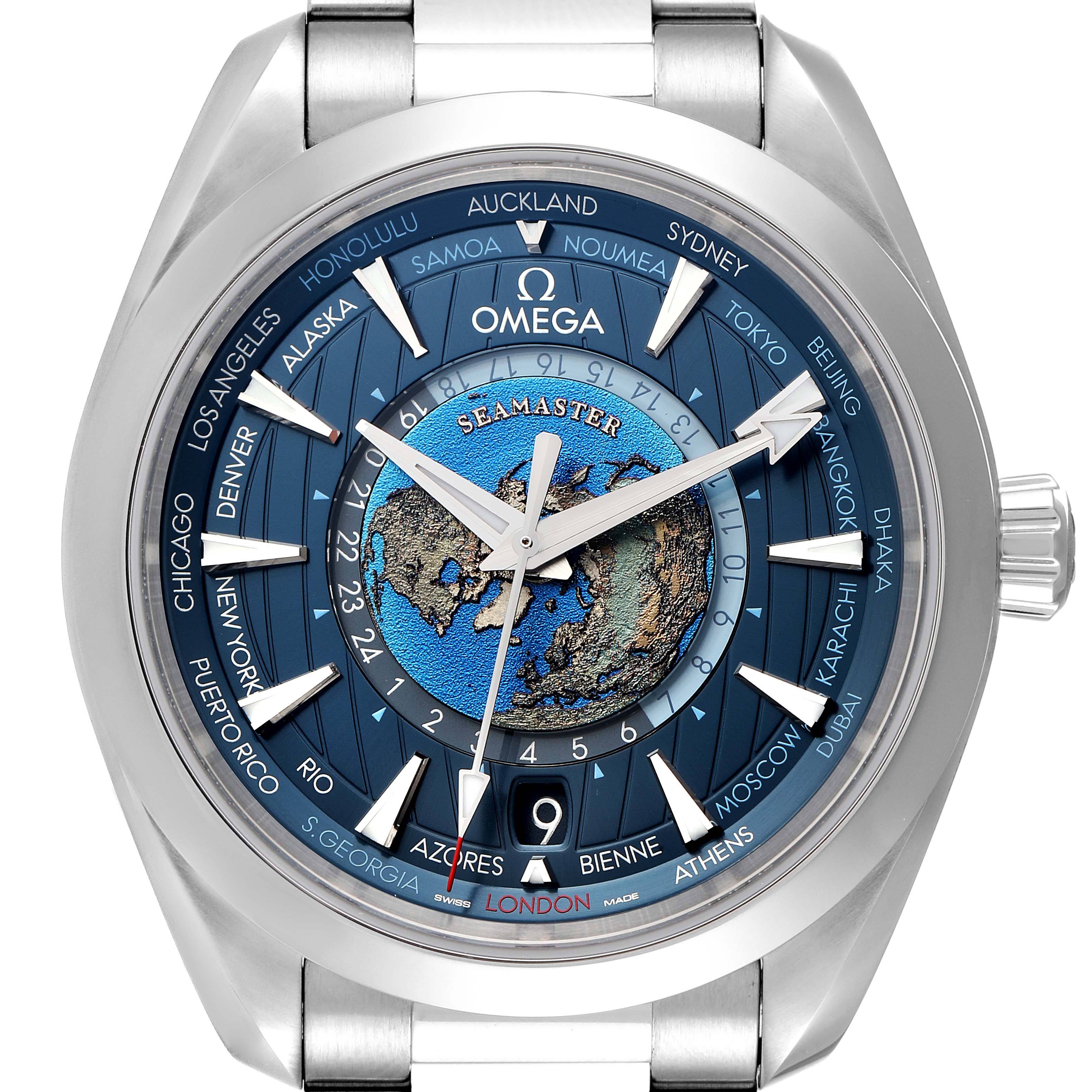 The image shows a front view of the Omega Seamaster Aqua Terra watch, highlighting its dial, cities ring, hands, and crown.
