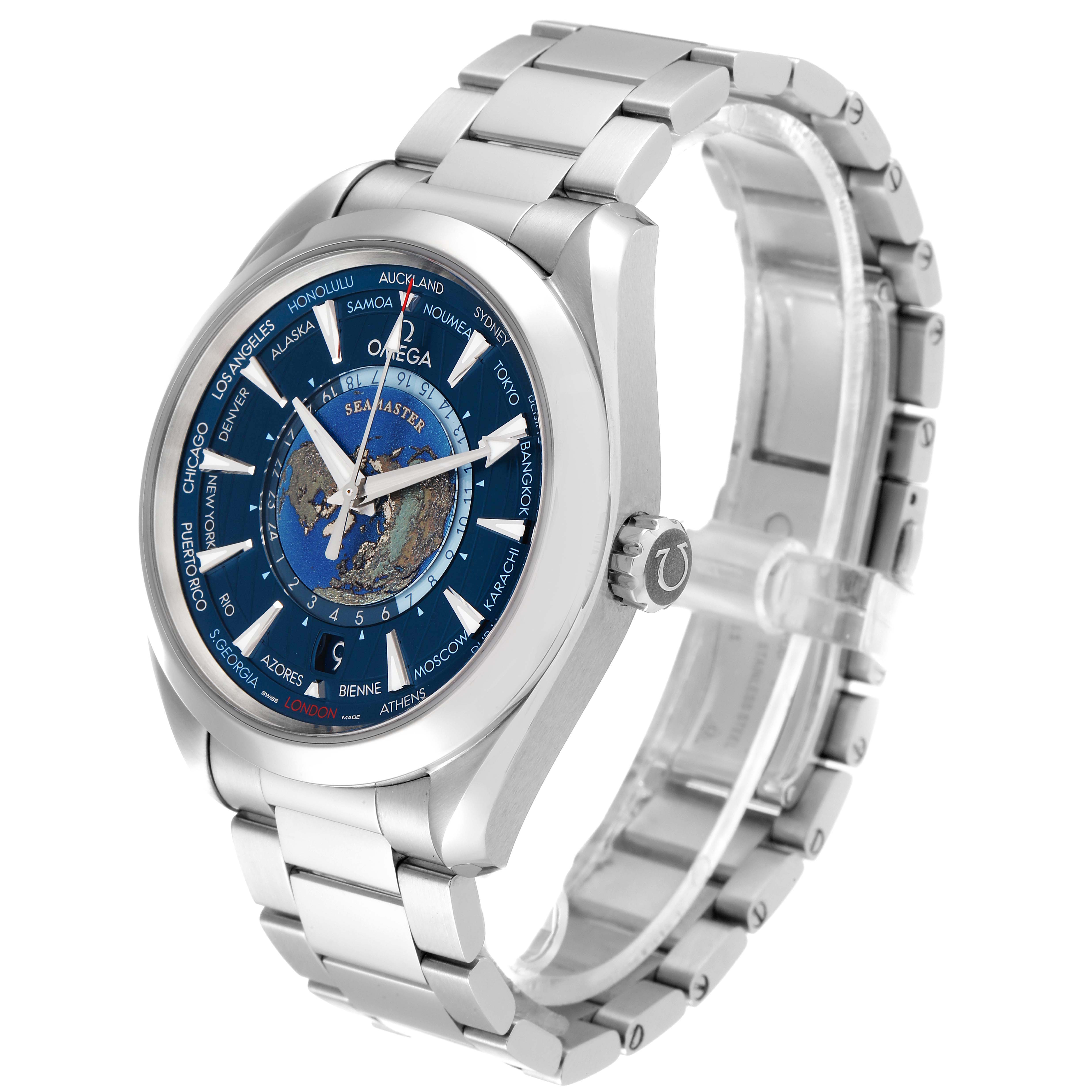 The Omega Aqua Terra 220.10.43.22.03.001 Men's Stainless Steel Blue Dial 220.10.43.22.03.001 Men's Stainless Steel Blue Dial watch is shown at a three-quarter angle highlighting its blue dial and stainless steel bracelet.