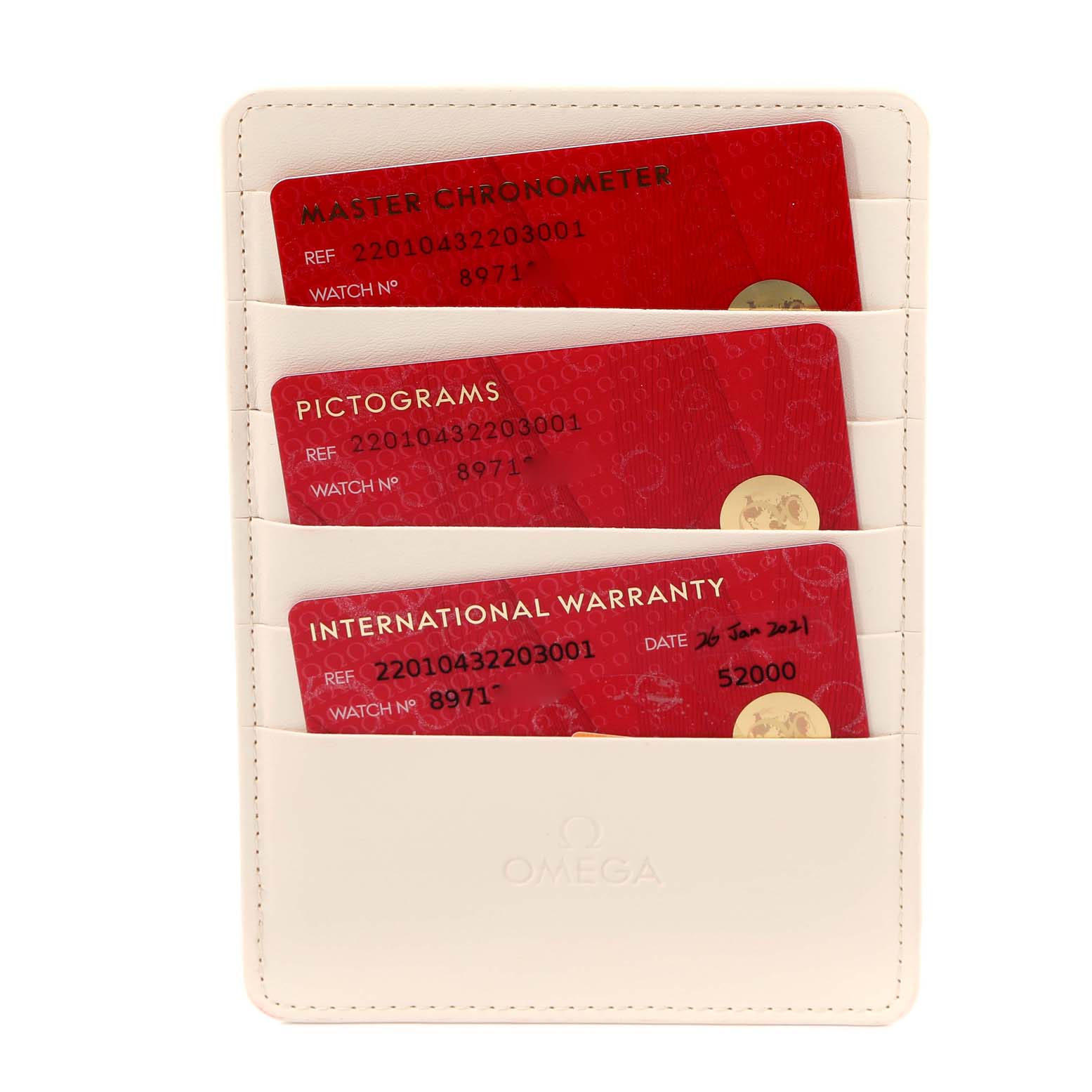 The image shows a frontal view of an Omega Aqua Terra 220.10.43.22.03.001 Men's Stainless Steel Blue Dial 220.10.43.22.03.001 Men's Stainless Steel Blue Dial cardholder containing three red cards for Master Chronometer, Pictograms, and International Warranty.