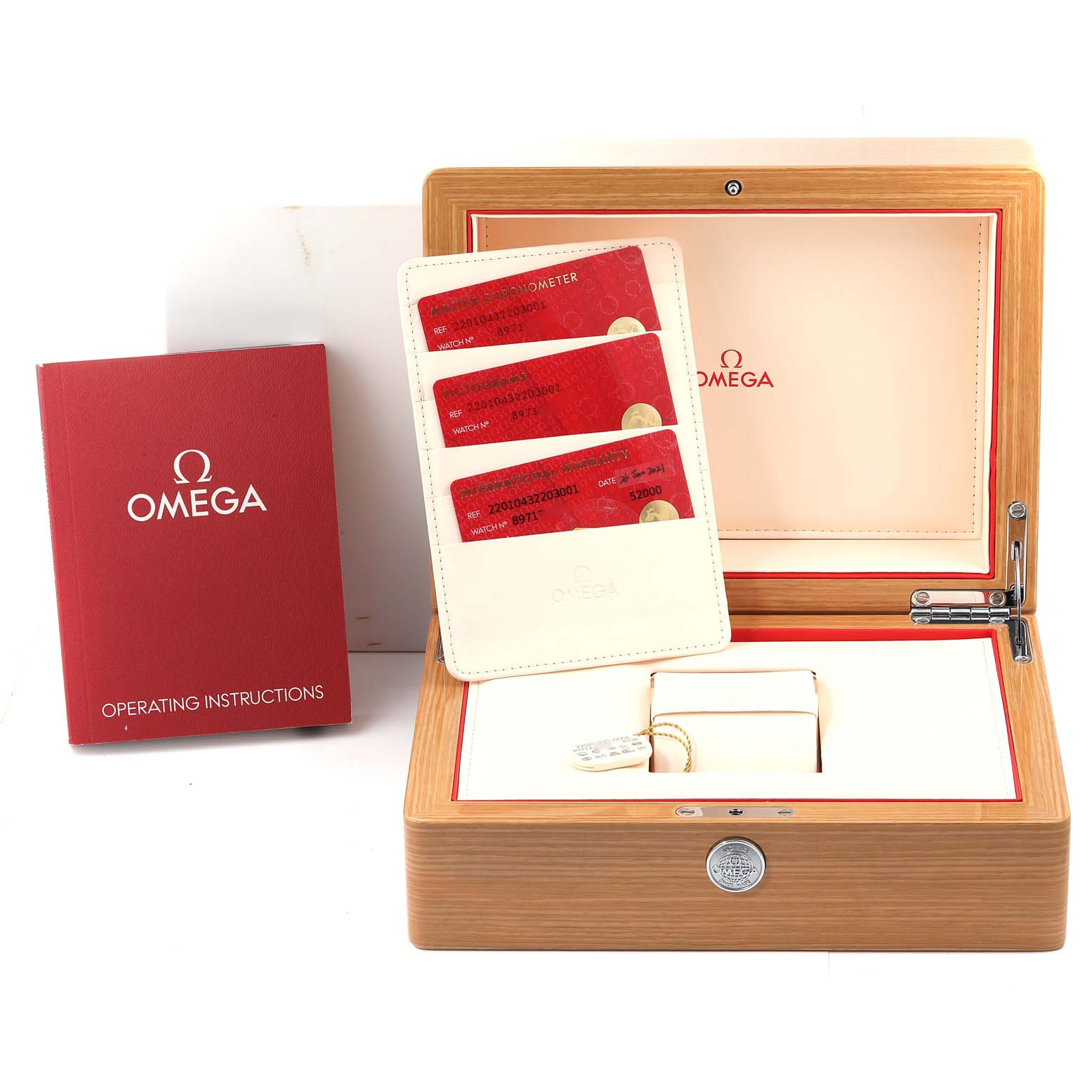 The image shows the Omega Aqua Terra 220.10.43.22.03.001 Men's Stainless Steel Blue Dial 220.10.43.22.03.001 Men's Stainless Steel Blue Dial watch accessories including a box, operating instructions, and cardholder with red cards.