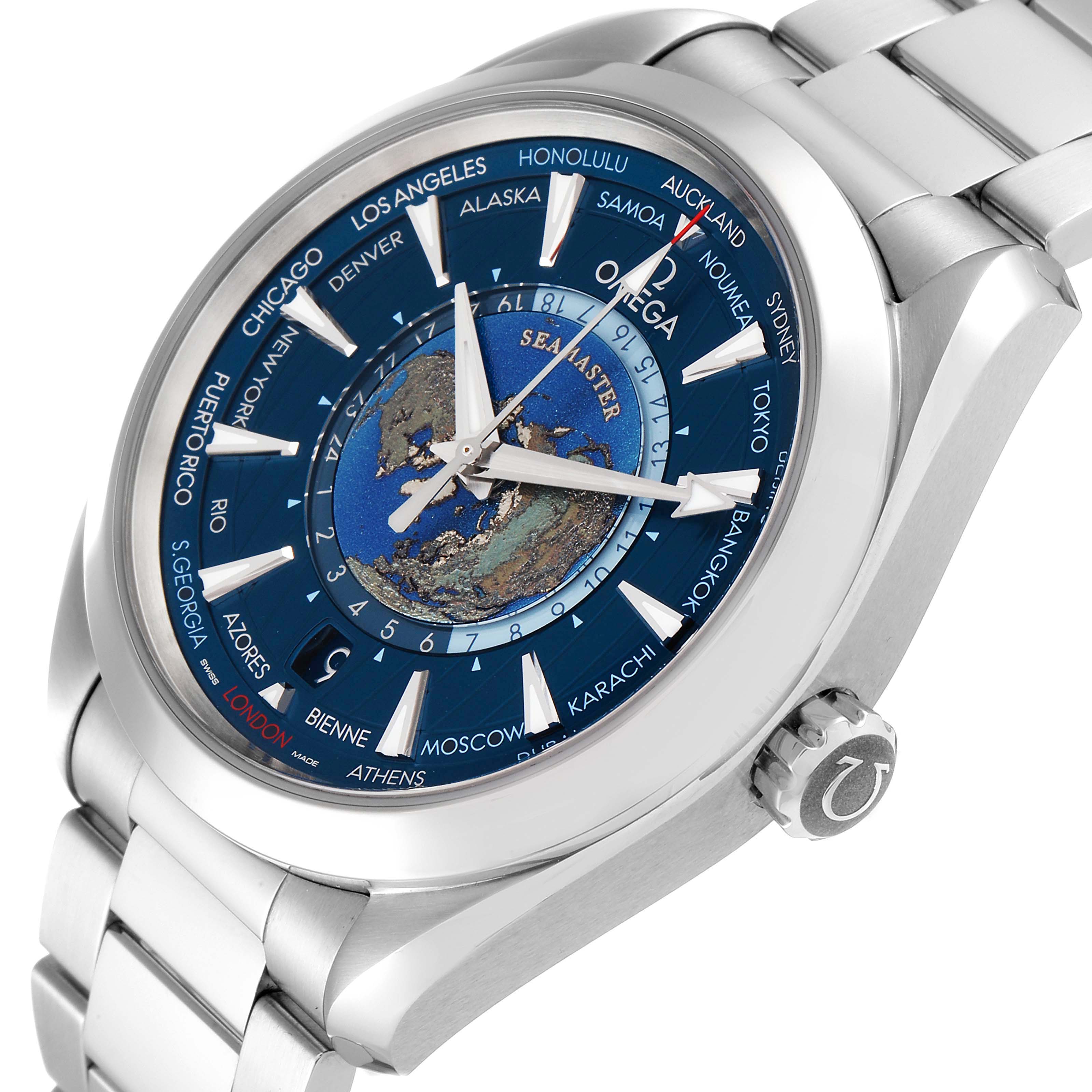 This Omega Aqua Terra 220.10.43.22.03.001 Men's Stainless Steel Blue Dial 220.10.43.22.03.001 Men's Stainless Steel Blue Dial watch is shown at an angled view, displaying the face, crown, and part of the bracelet.
